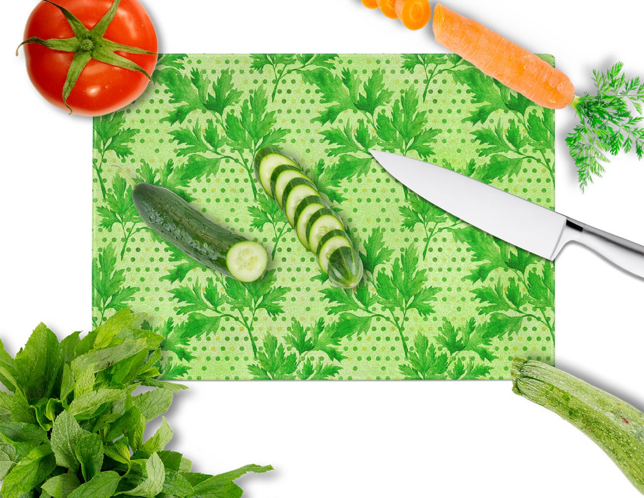 Watercolor Parsley Cutting Board Tempered Glass Kitchen Cutting Surface, Heat Resistant Chopping, Non-Slip Feet, Food Prep & Serving