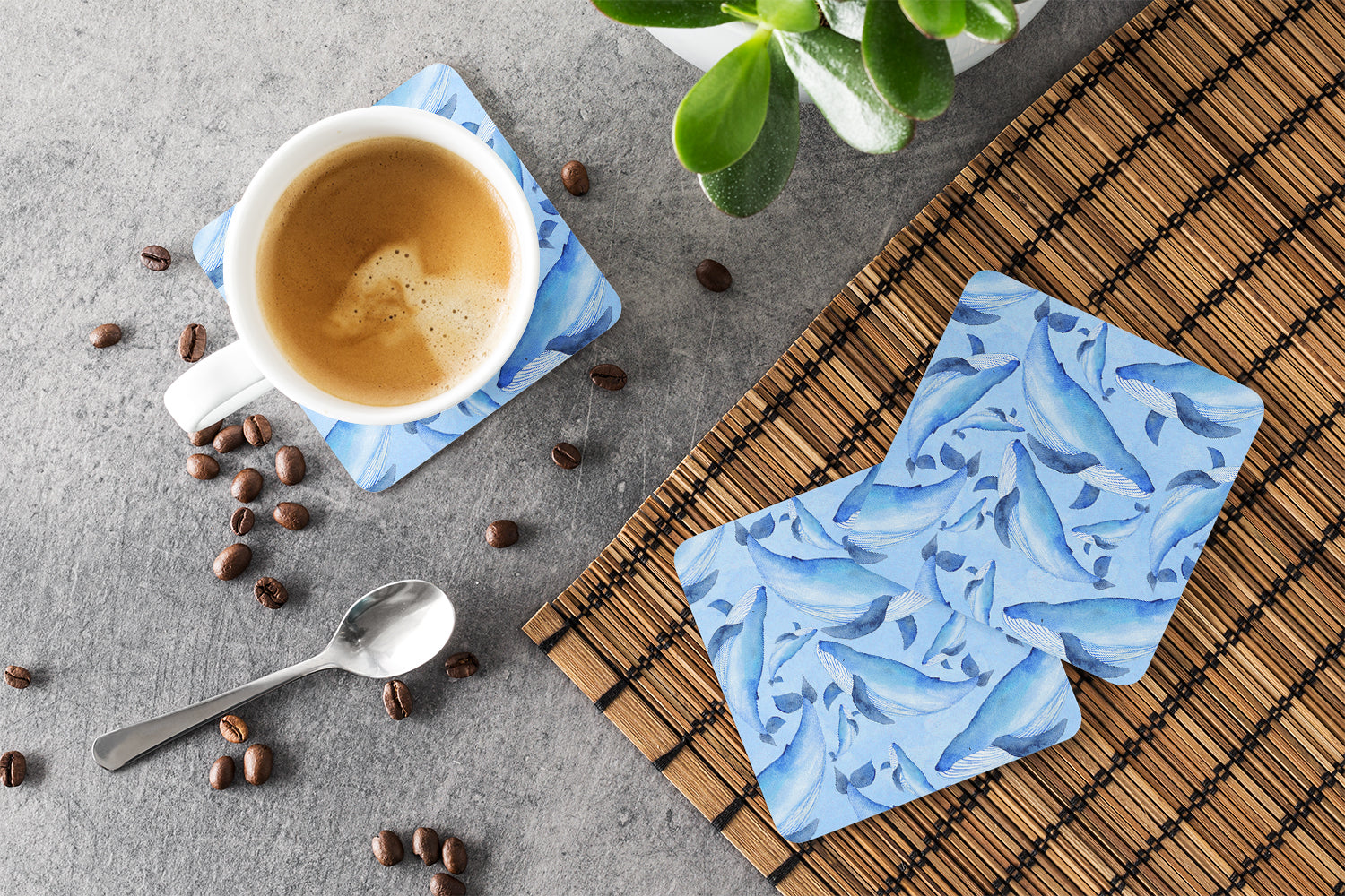 Watercolor Nautical Whales Foam Coasters Set of 4 Cup Coasters for Indoor Outdoor, Tabletop Protection, Anti Slip, Mouse pad Material