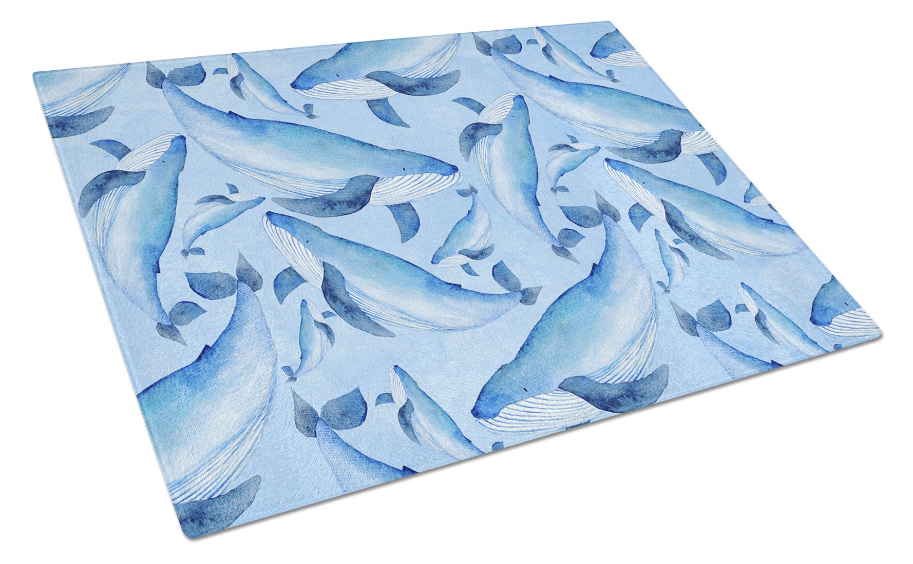 Watercolor Nautical Whales Cutting Board Tempered Glass Kitchen Cutting Surface, Heat Resistant Chopping, Non-Slip Feet, Food Prep & Serving