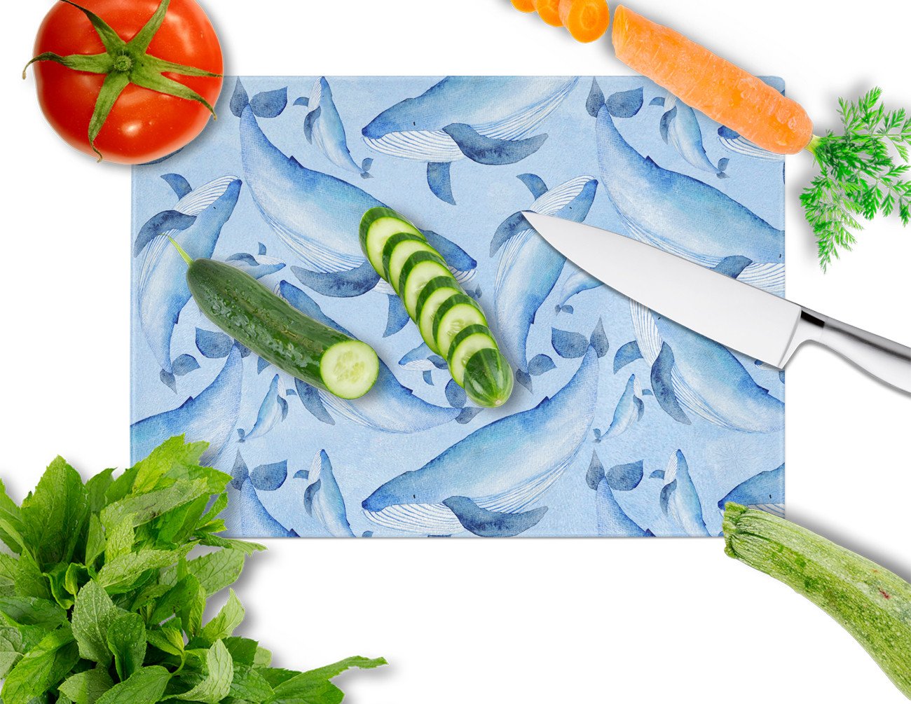 Watercolor Nautical Whales Cutting Board Tempered Glass Kitchen Cutting Surface, Heat Resistant Chopping, Non-Slip Feet, Food Prep & Serving