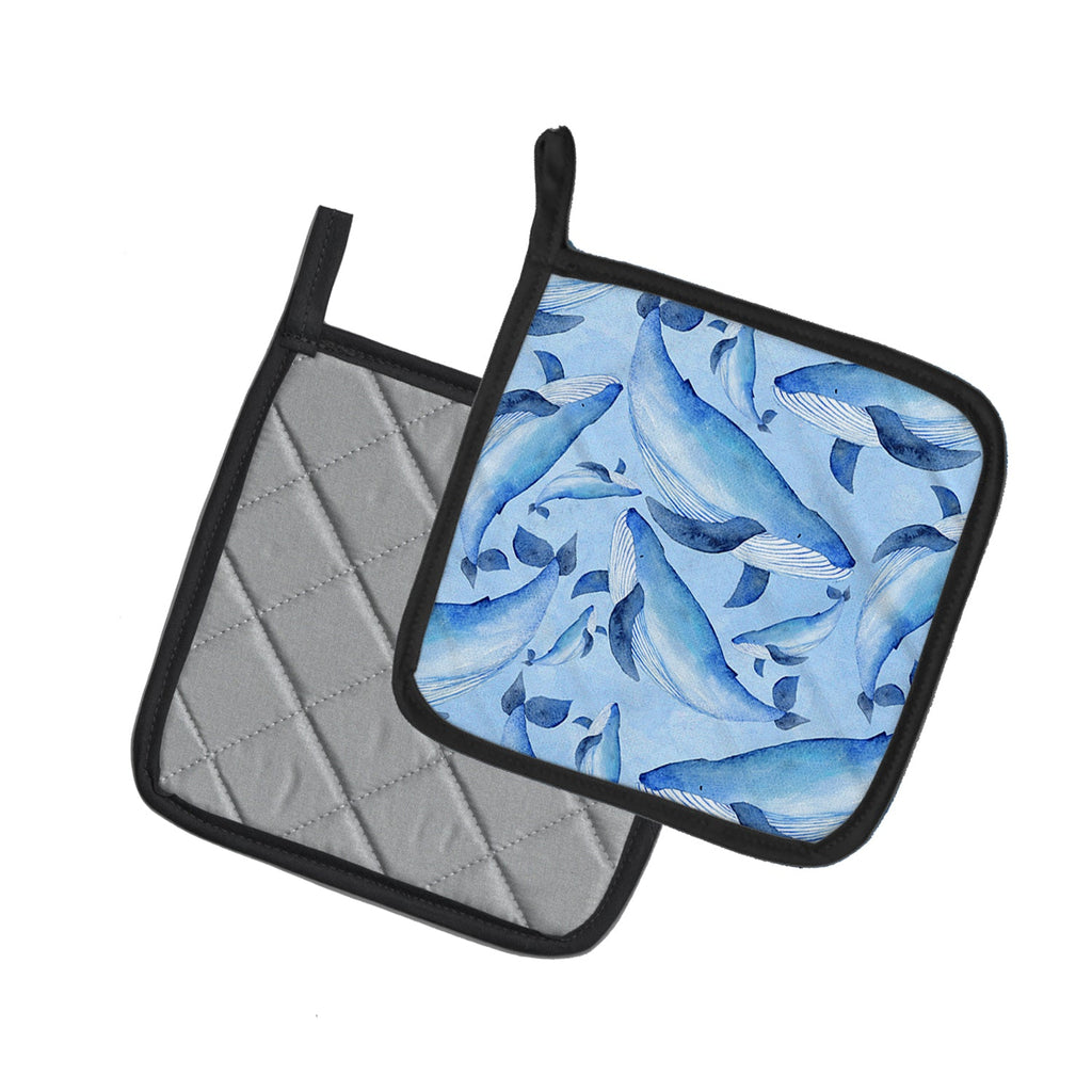 Watercolor Nautical Whales Pot Holder Set of 2 Heat Resistant Quilted Hot Pads 7.5 x 7.5 Inch, Insulated Kitchen Trivets for Cooking & Baking