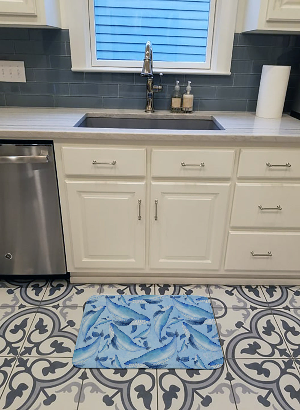 Watercolor Nautical Whales Memory Foam Kitchen Mat Machine Washable Anti-Fatigue Cushion Comfort Bath or Kitchen Rug