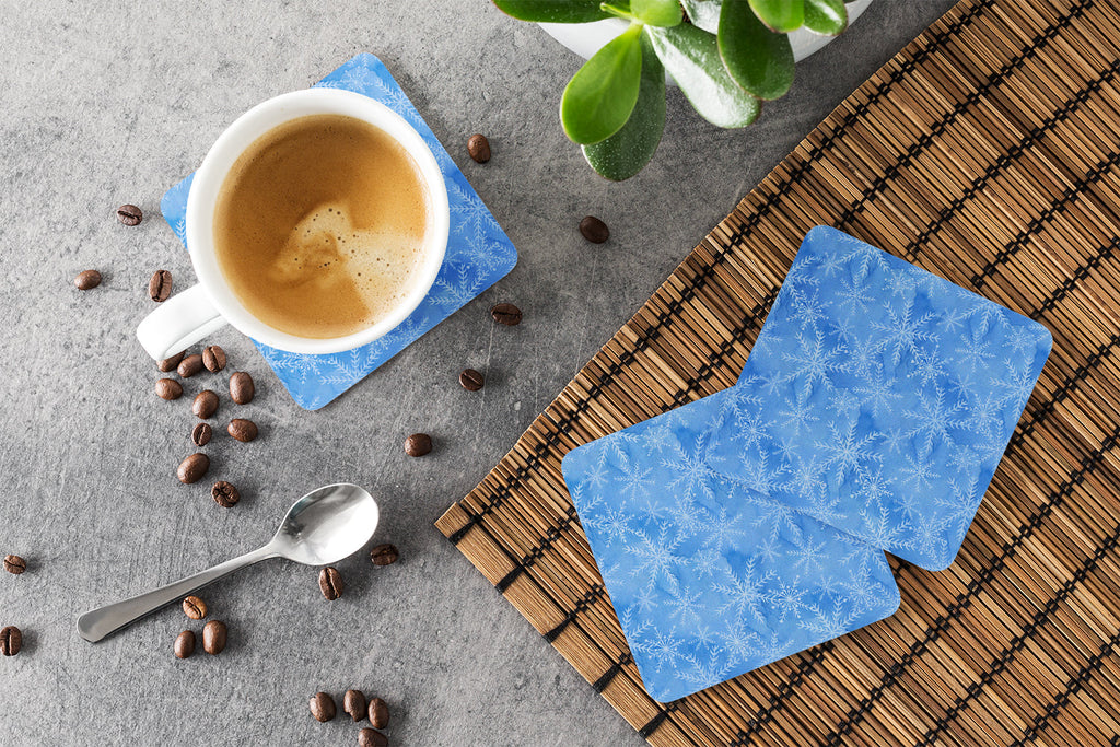 Watercolor Dark Blue Winter Snowflakes Foam Coasters Set of 4 Cup Coasters for Indoor Outdoor, Tabletop Protection, Anti Slip, Mouse pad Material