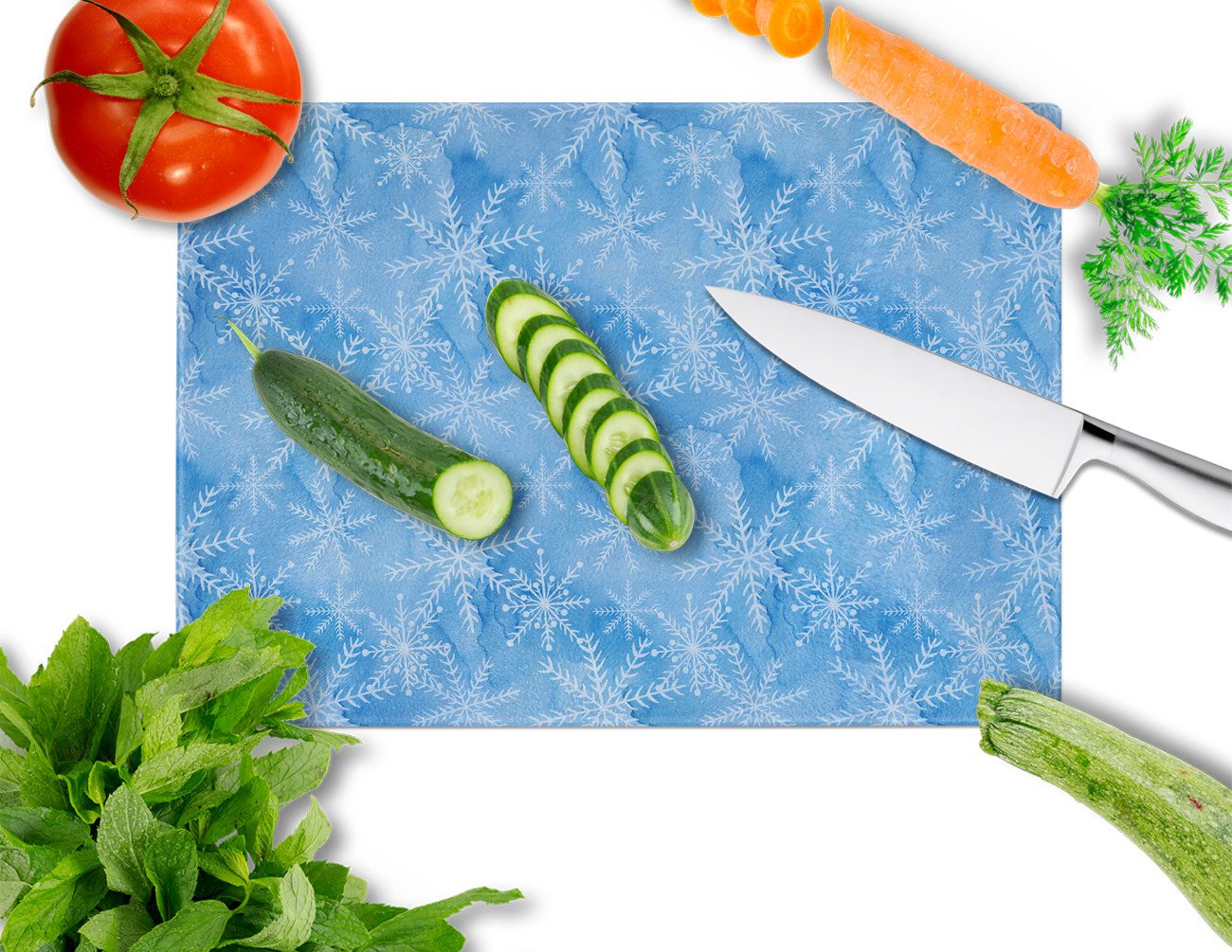 Watercolor Dark Blue Winter Snowflakes Cutting Board Tempered Glass Kitchen Cutting Surface, Heat Resistant Chopping, Non-Slip Feet, Food Prep & Serving