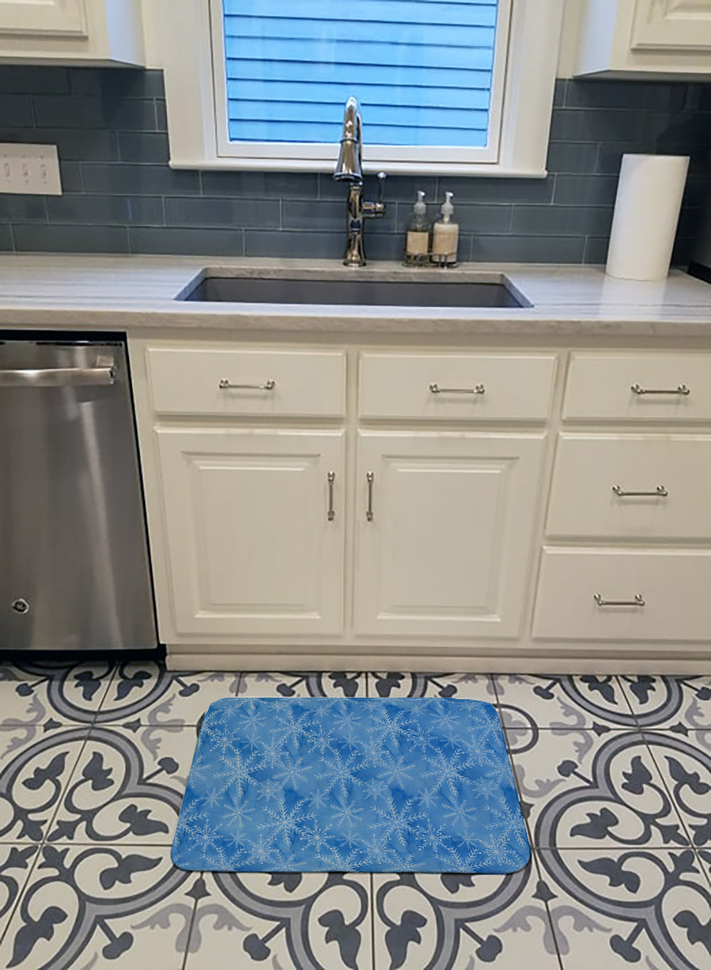 Watercolor Dark Blue Winter Snowflakes Memory Foam Kitchen Mat Machine Washable Anti-Fatigue Cushion Comfort Bath or Kitchen Rug