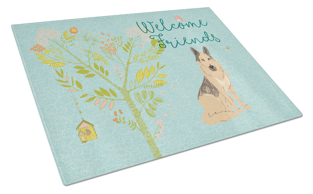 Welcome Friends German Shepherd Cutting Board Tempered Glass Kitchen Cutting Surface, Heat Resistant Chopping, Non-Slip Feet, Food Prep & Serving