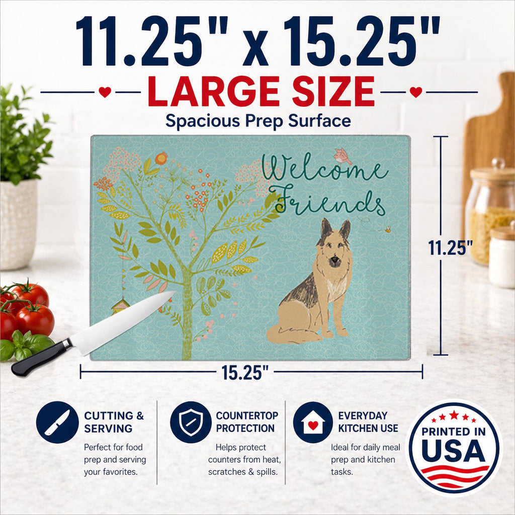 Welcome Friends German Shepherd Cutting Board Tempered Glass Kitchen Cutting Surface, Heat Resistant Chopping, Non-Slip Feet, Food Prep & Serving
