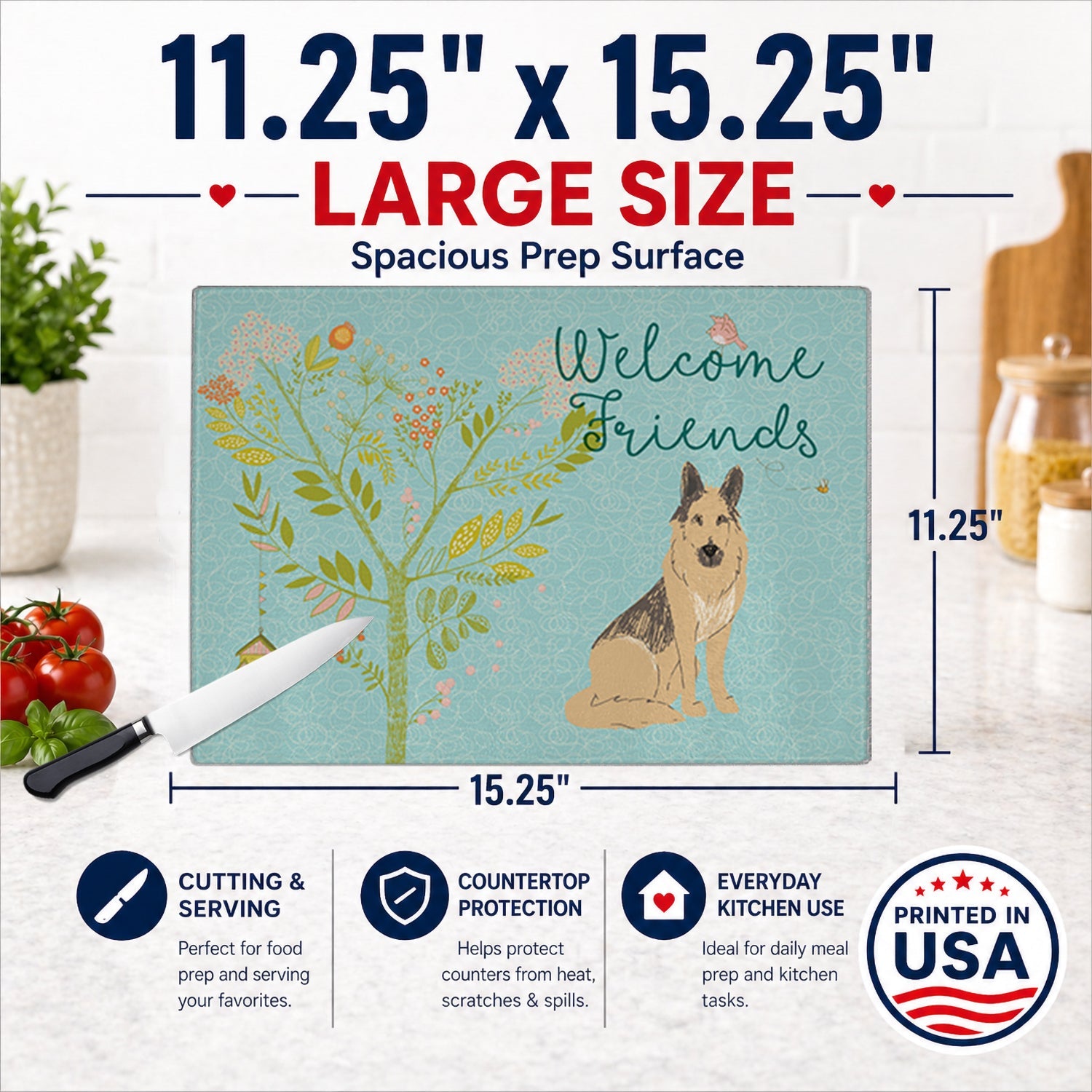 Welcome Friends German Shepherd Cutting Board Tempered Glass Kitchen Cutting Surface, Heat Resistant Chopping, Non-Slip Feet, Food Prep & Serving