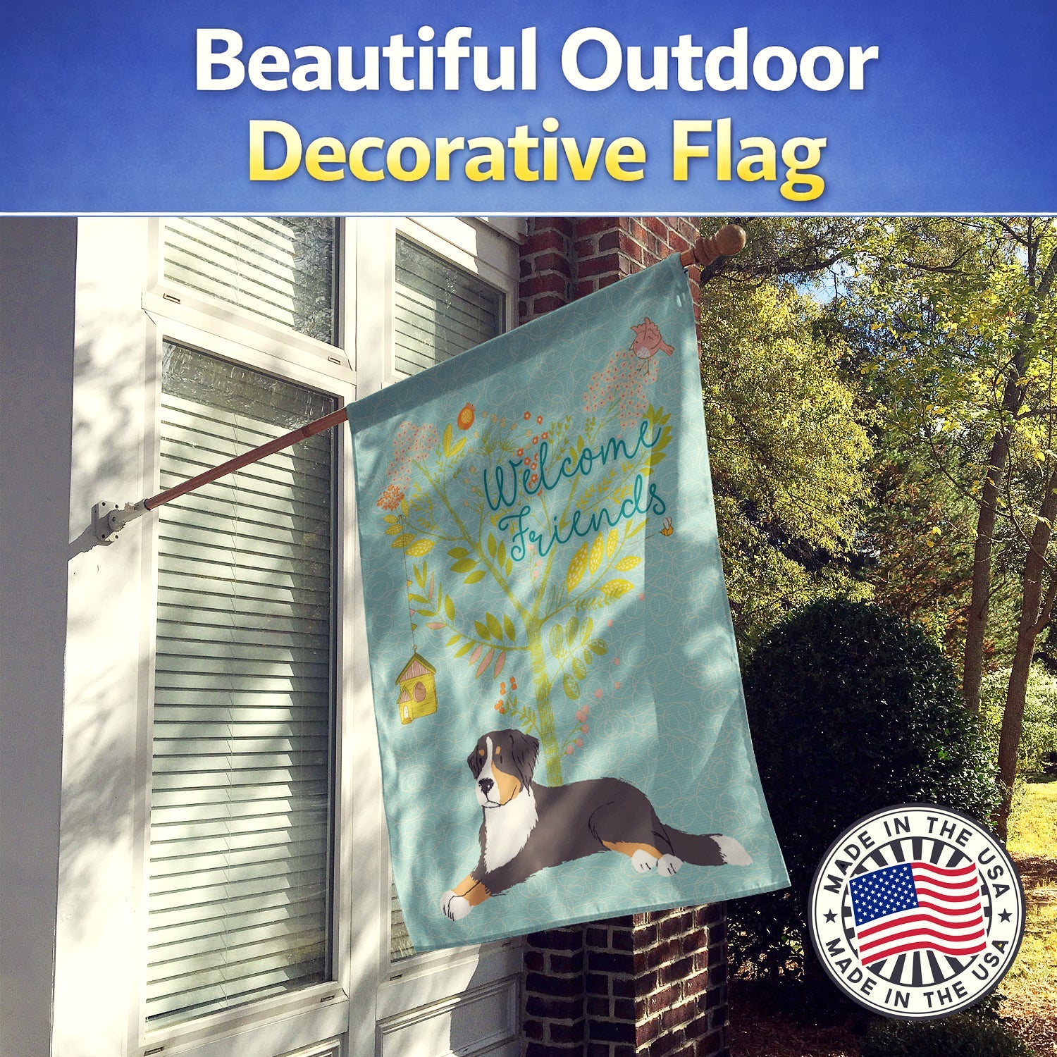 Welcome Friends Bernese Mountain Dog House Flag 28x40 Porch Sleeve Pole Decorative Outside Yard Banner Artwork Wall Hanging, Polyester