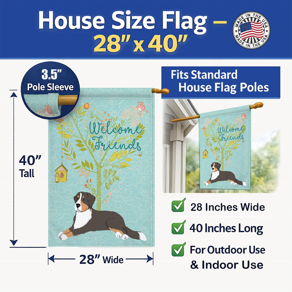 Welcome Friends Bernese Mountain Dog House Flag 28x40 Porch Sleeve Pole Decorative Outside Yard Banner Artwork Wall Hanging, Polyester