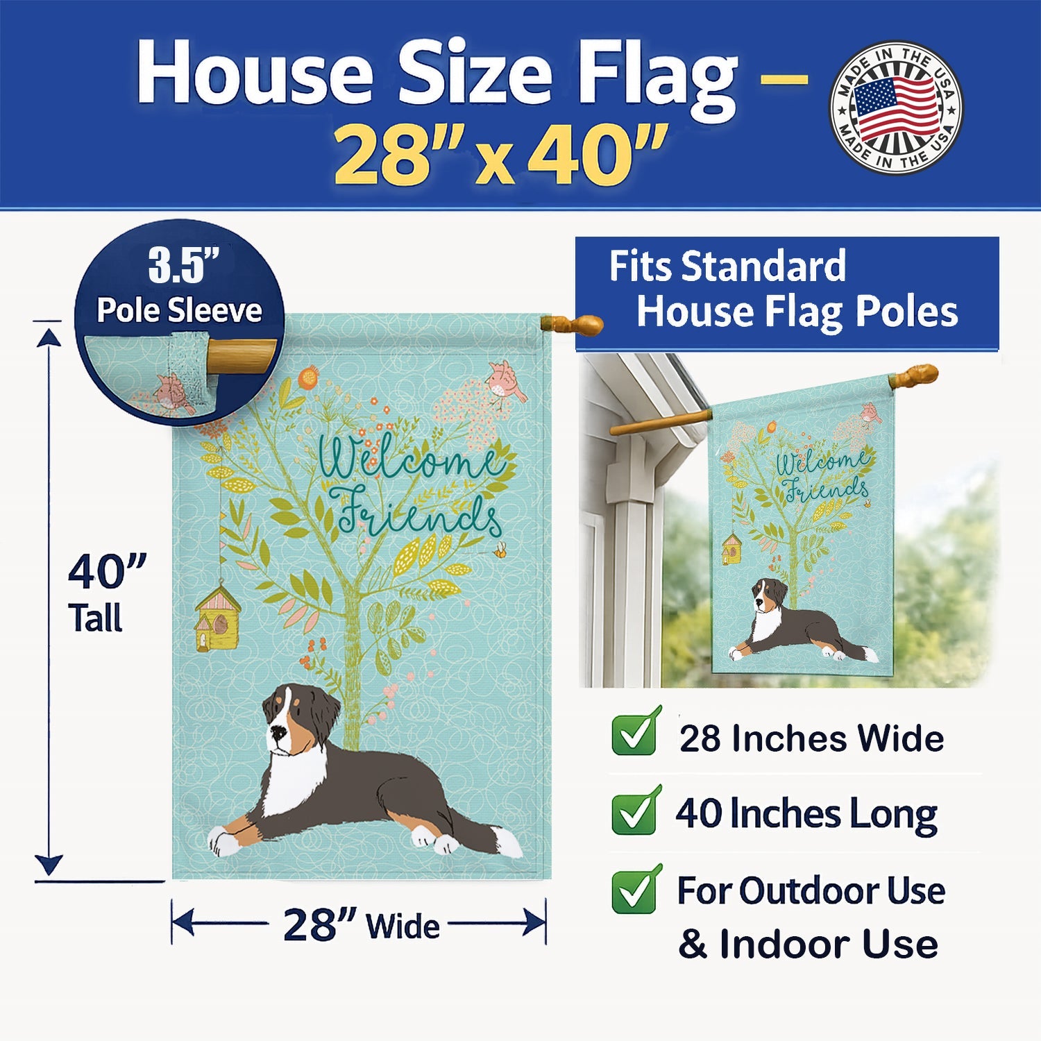 Welcome Friends Bernese Mountain Dog House Flag 28x40 Porch Sleeve Pole Decorative Outside Yard Banner Artwork Wall Hanging, Polyester