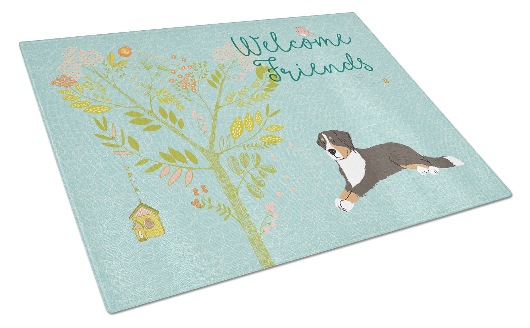 Welcome Friends Bernese Mountain Dog Cutting Board Tempered Glass Kitchen Cutting Surface, Heat Resistant Chopping, Non-Slip Feet, Food Prep & Serving