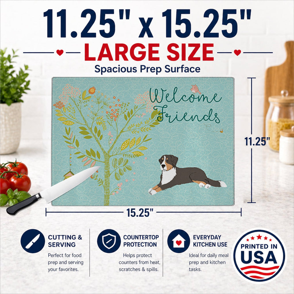 Welcome Friends Bernese Mountain Dog Cutting Board Tempered Glass Kitchen Cutting Surface, Heat Resistant Chopping, Non-Slip Feet, Food Prep & Serving