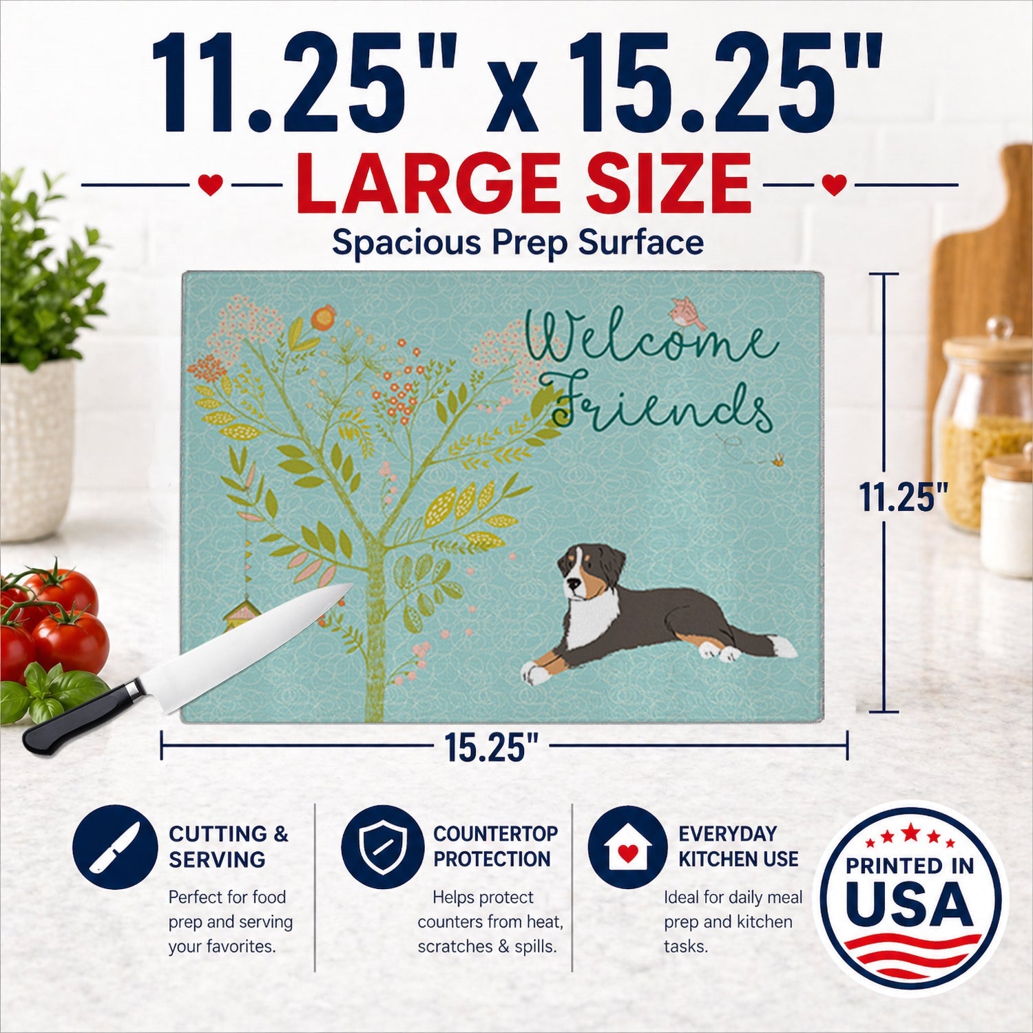 Welcome Friends Bernese Mountain Dog Cutting Board Tempered Glass Kitchen Cutting Surface, Heat Resistant Chopping, Non-Slip Feet, Food Prep & Serving