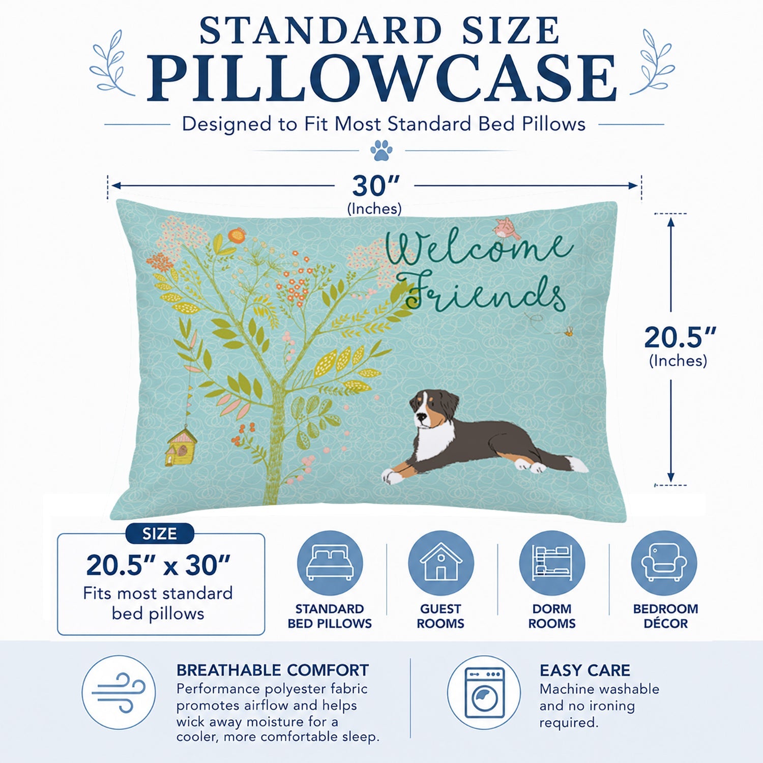 Welcome Friends Bernese Mountain Dog Standard Pillowcase Lightweight Super Soft Easy Care Decorative Artwork Pillowcase, Standard