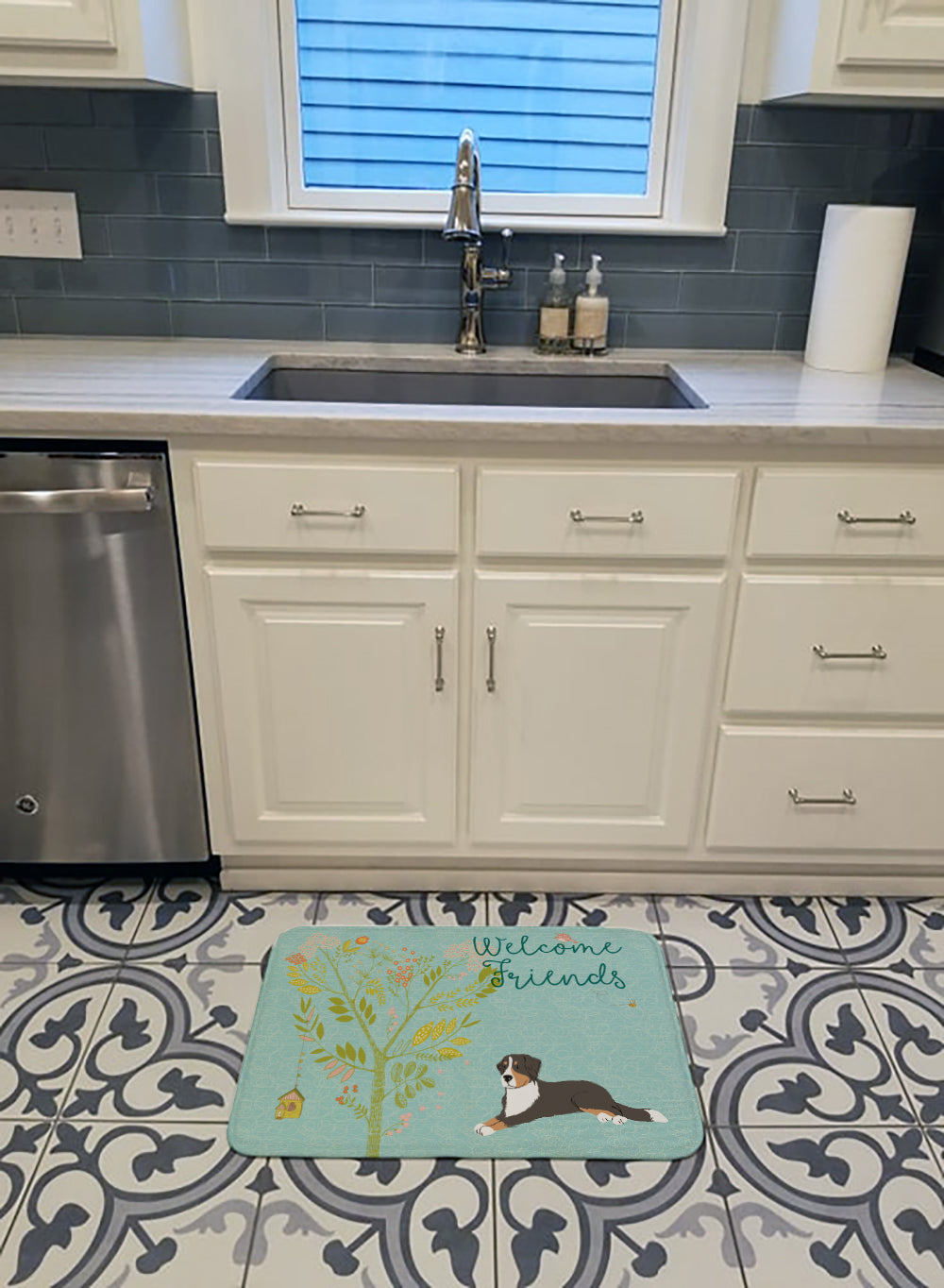 Welcome Friends Bernese Mountain Dog Memory Foam Kitchen Mat Machine Washable Anti-Fatigue Cushion Comfort Bath or Kitchen Rug