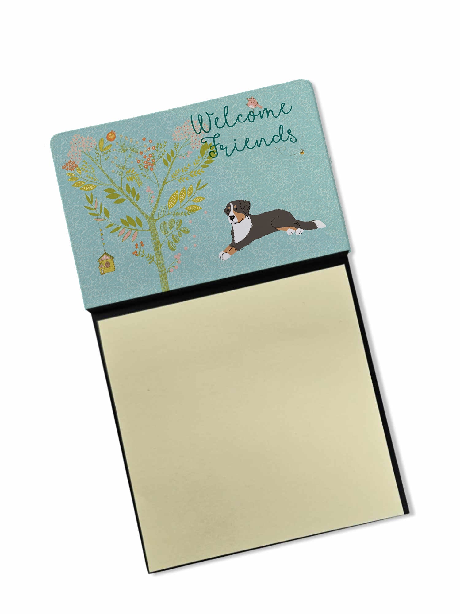 Welcome Friends Bernese Mountain Dog Watercolor Sticky Note Holder Refillable Dispenser Desk Accessory 3x3 Pad Gift