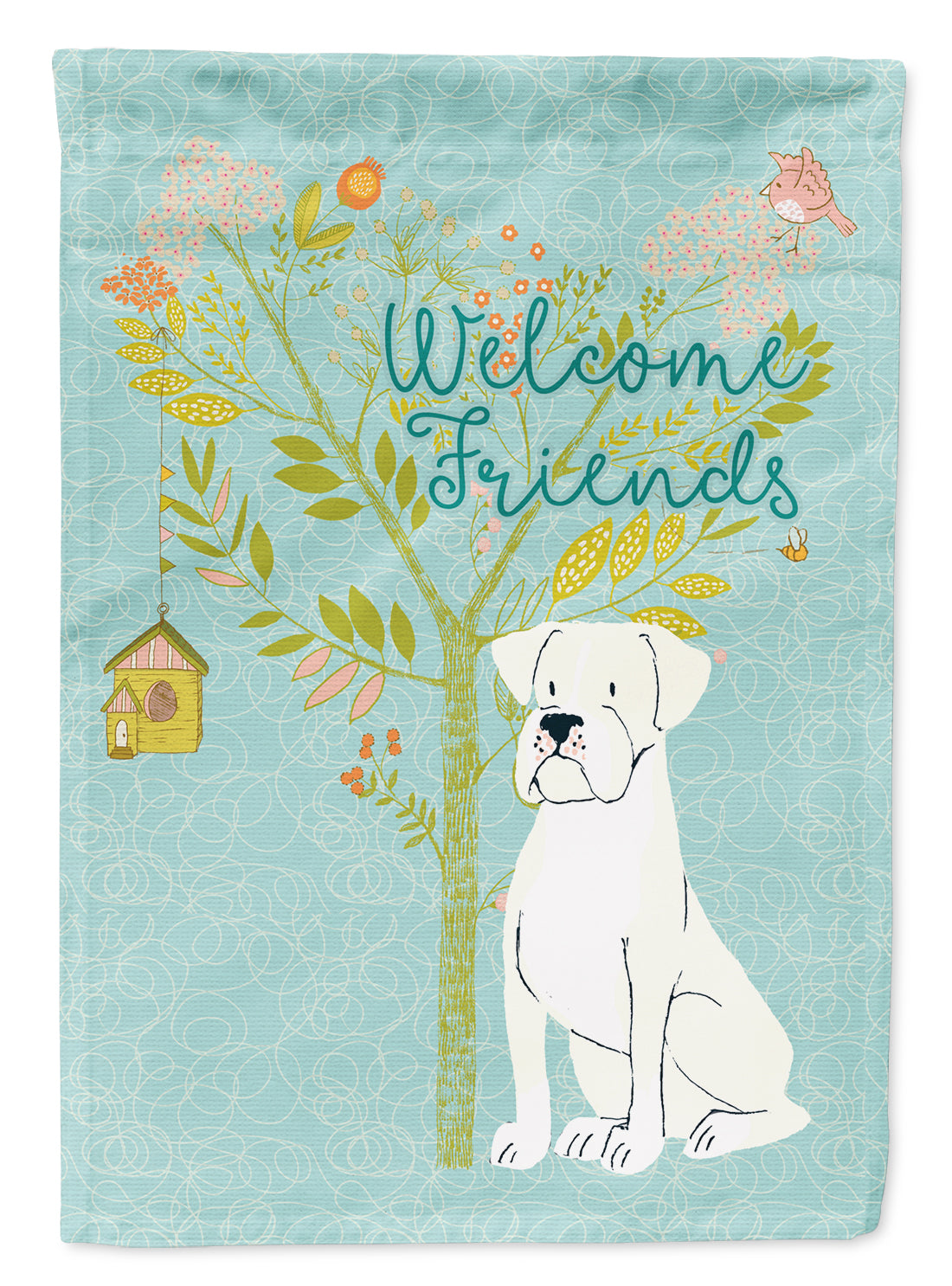 Welcome Friends White Boxer House Flag 28x40 Porch Sleeve Pole Decorative Outside Yard Banner Artwork Wall Hanging, Polyester