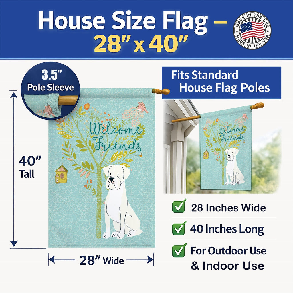 Welcome Friends White Boxer House Flag 28x40 Porch Sleeve Pole Decorative Outside Yard Banner Artwork Wall Hanging, Polyester