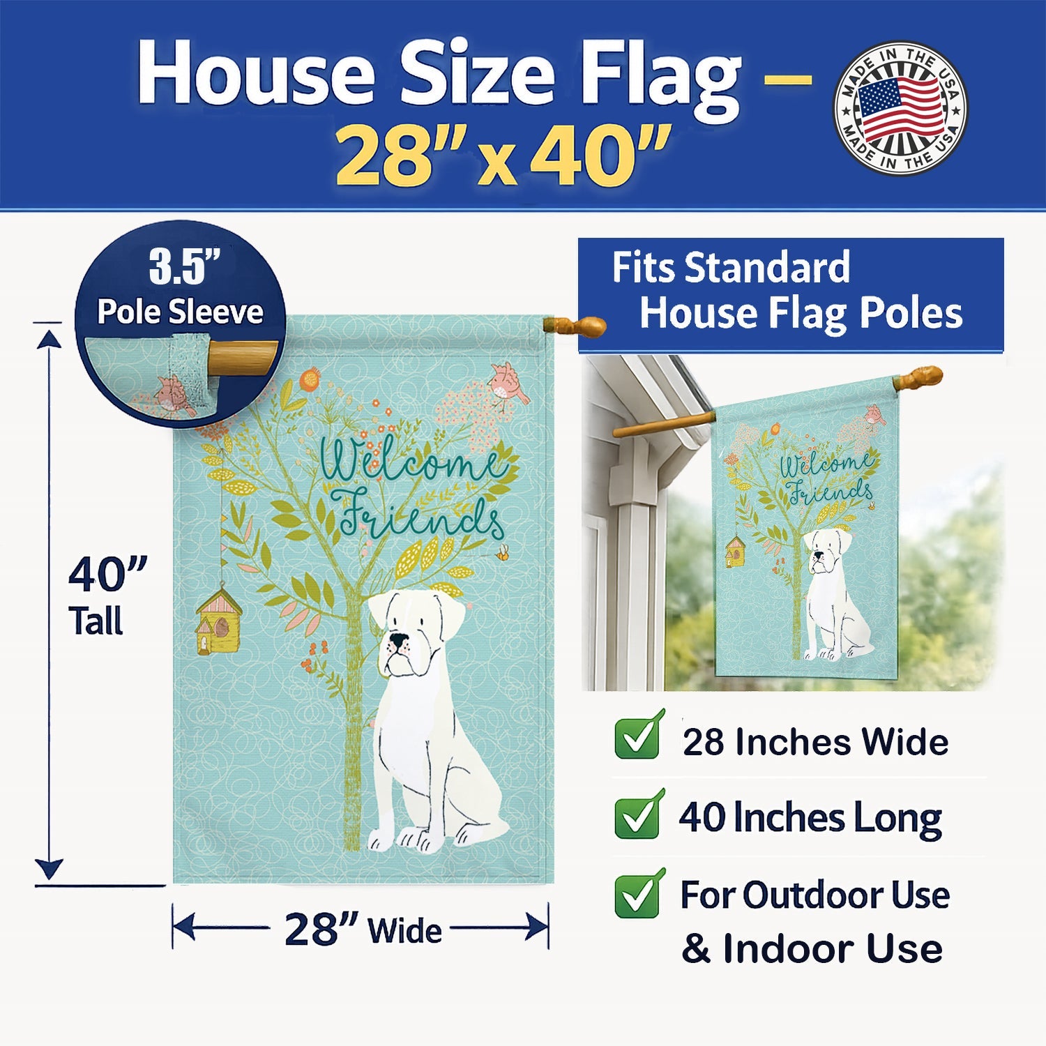 Welcome Friends White Boxer House Flag 28x40 Porch Sleeve Pole Decorative Outside Yard Banner Artwork Wall Hanging, Polyester