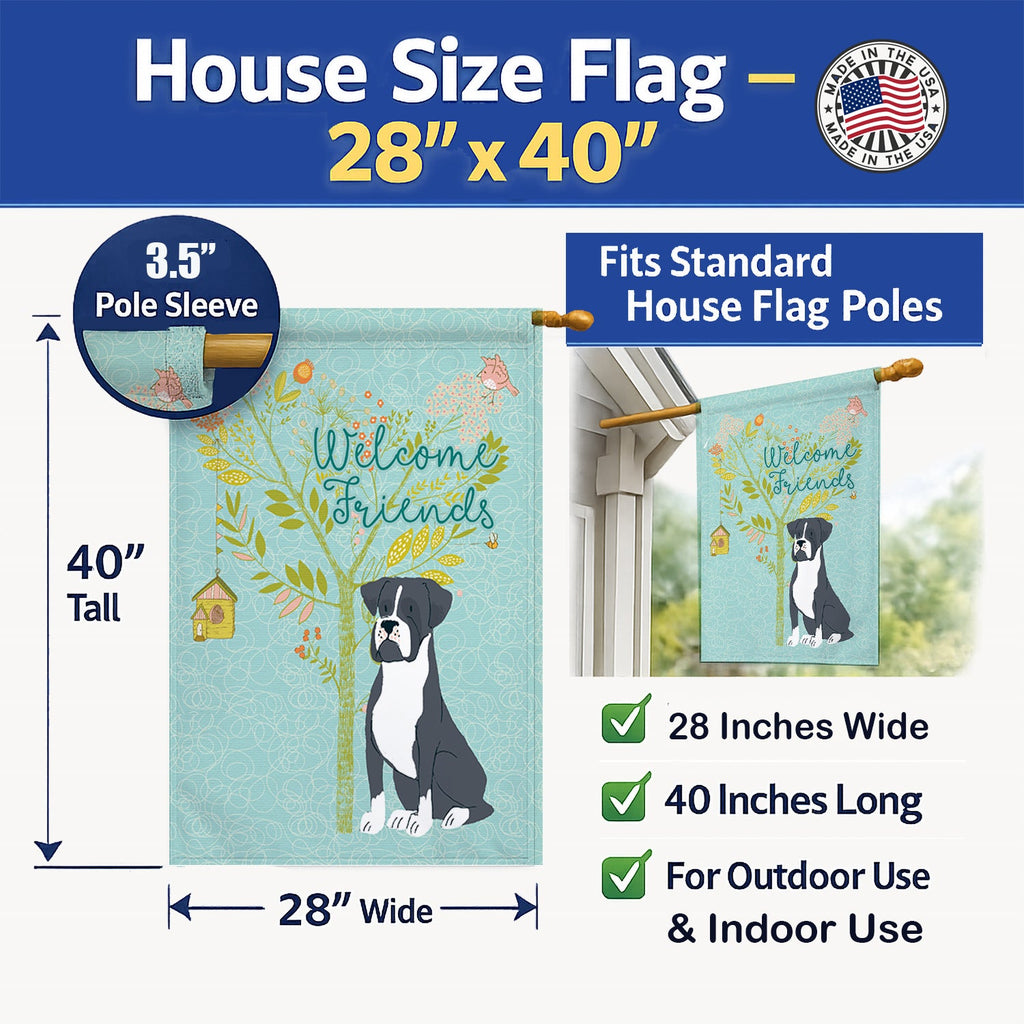 Welcome Friends Black Boxer House Flag 28x40 Porch Sleeve Pole Decorative Outside Yard Banner Artwork Wall Hanging, Polyester