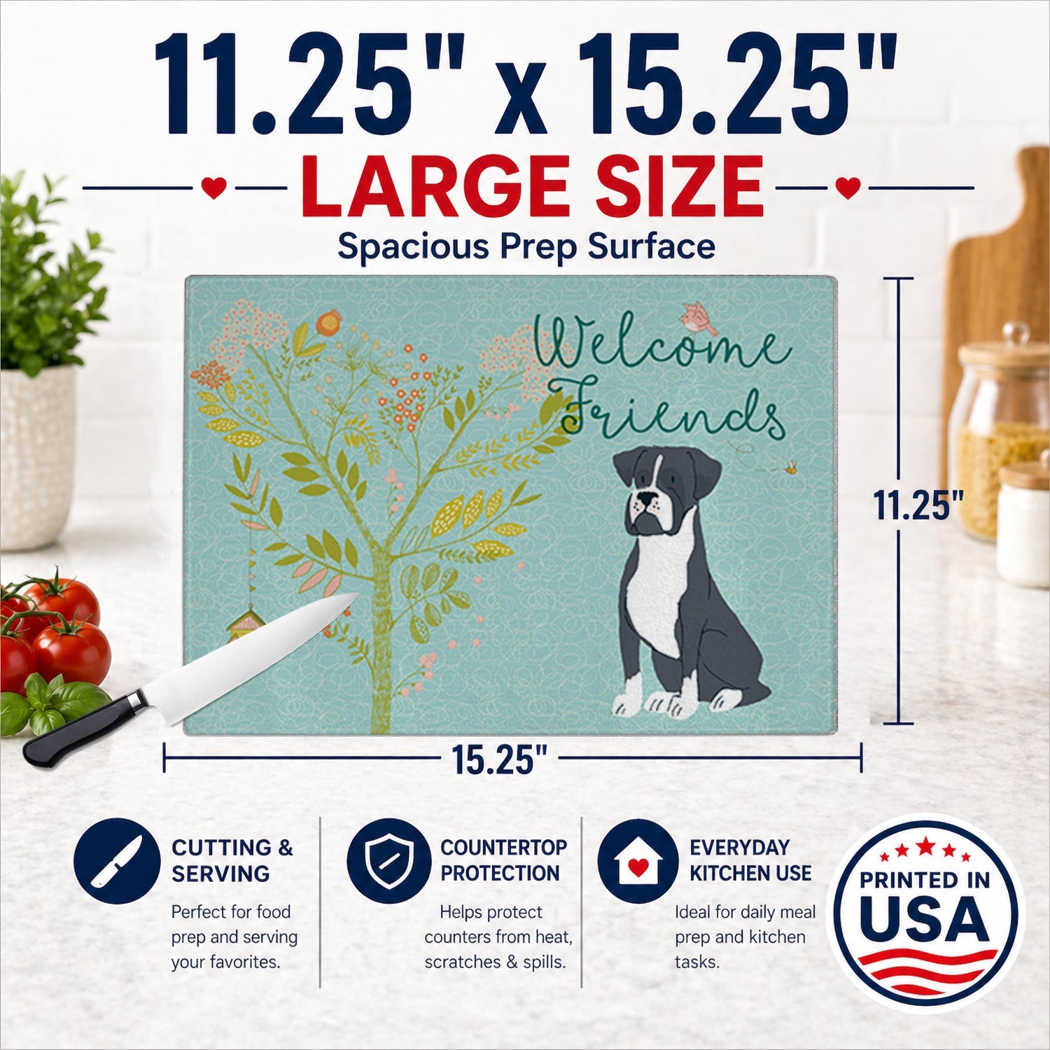 Welcome Friends Black Boxer Cutting Board Tempered Glass Kitchen Cutting Surface, Heat Resistant Chopping, Non-Slip Feet, Food Prep & Serving