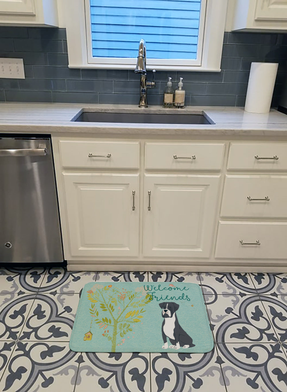 Welcome Friends Black Boxer Memory Foam Kitchen Mat Machine Washable Anti-Fatigue Cushion Comfort Bath or Kitchen Rug