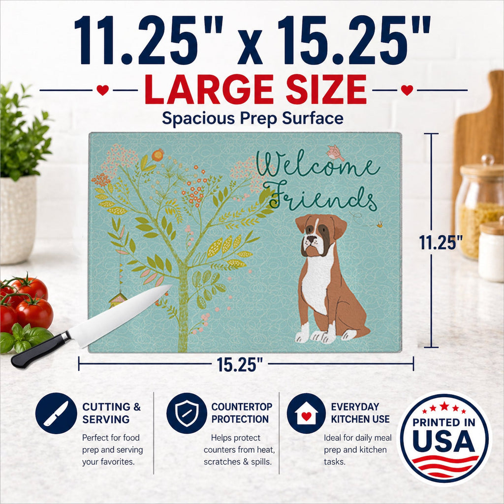 Welcome Friends Flashy Fawn Boxer Cutting Board Tempered Glass Kitchen Cutting Surface, Heat Resistant Chopping, Non-Slip Feet, Food Prep & Serving