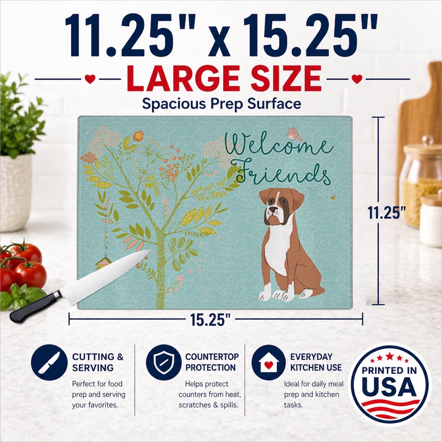 Welcome Friends Flashy Fawn Boxer Cutting Board Tempered Glass Kitchen Cutting Surface, Heat Resistant Chopping, Non-Slip Feet, Food Prep & Serving
