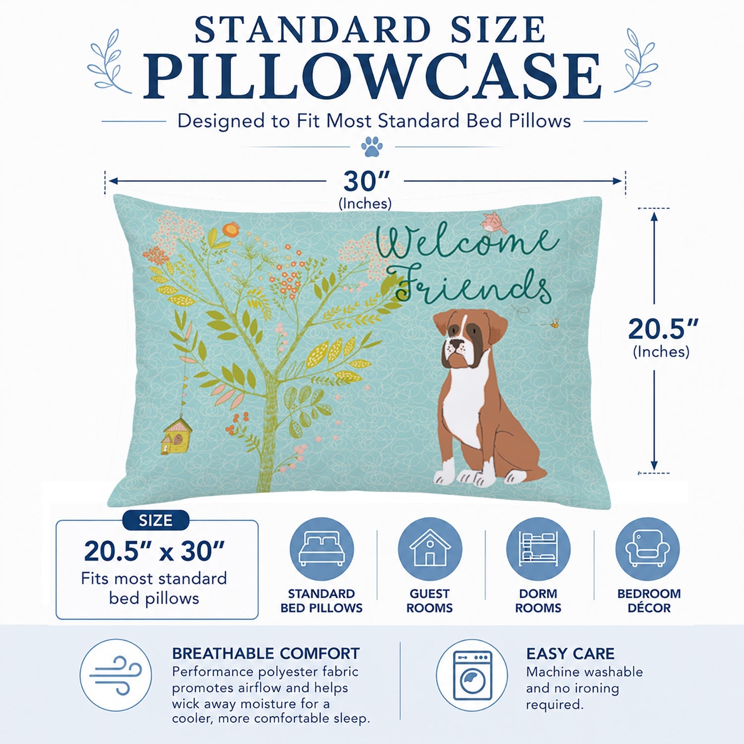 Welcome Friends Flashy Fawn Boxer Standard Pillowcase Lightweight Super Soft Easy Care Decorative Artwork Pillowcase, Standard