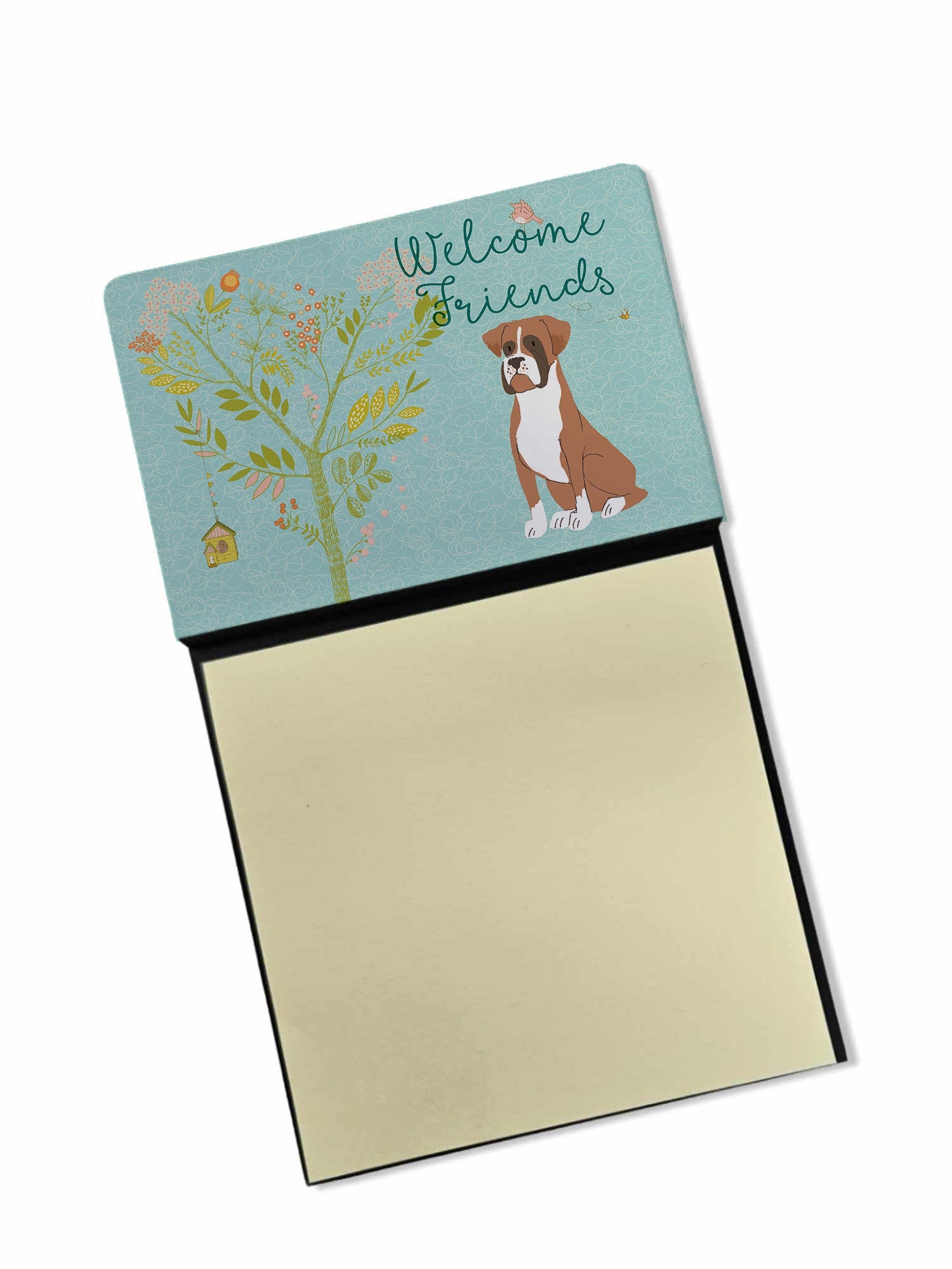 Welcome Friends Flashy Fawn Boxer Watercolor Sticky Note Holder Refillable Dispenser Desk Accessory 3x3 Pad Gift