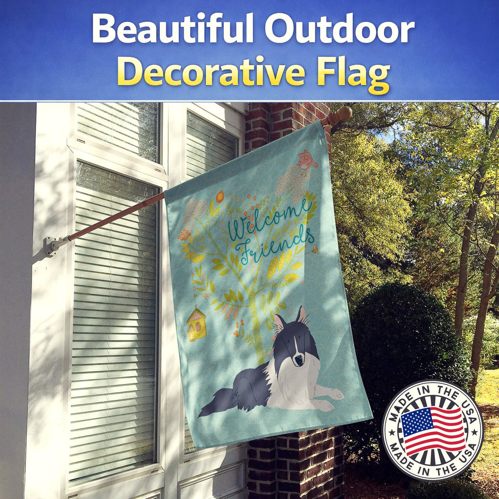 Welcome Friends Black White Collie House Flag 28x40 Porch Sleeve Pole Decorative Outside Yard Banner Artwork Wall Hanging, Polyester