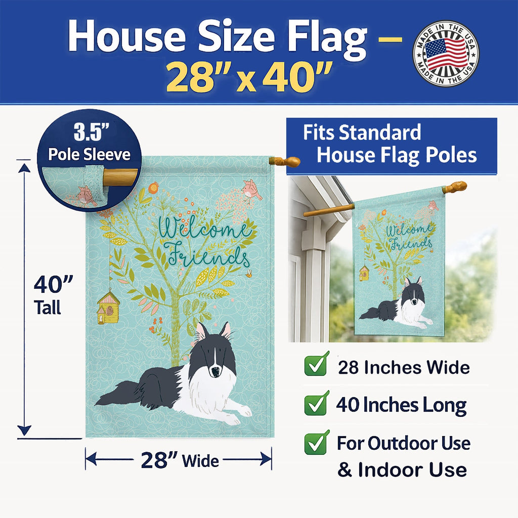 Welcome Friends Black White Collie House Flag 28x40 Porch Sleeve Pole Decorative Outside Yard Banner Artwork Wall Hanging, Polyester