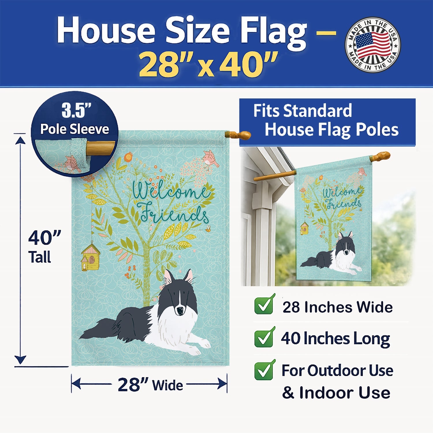 Welcome Friends Black White Collie House Flag 28x40 Porch Sleeve Pole Decorative Outside Yard Banner Artwork Wall Hanging, Polyester