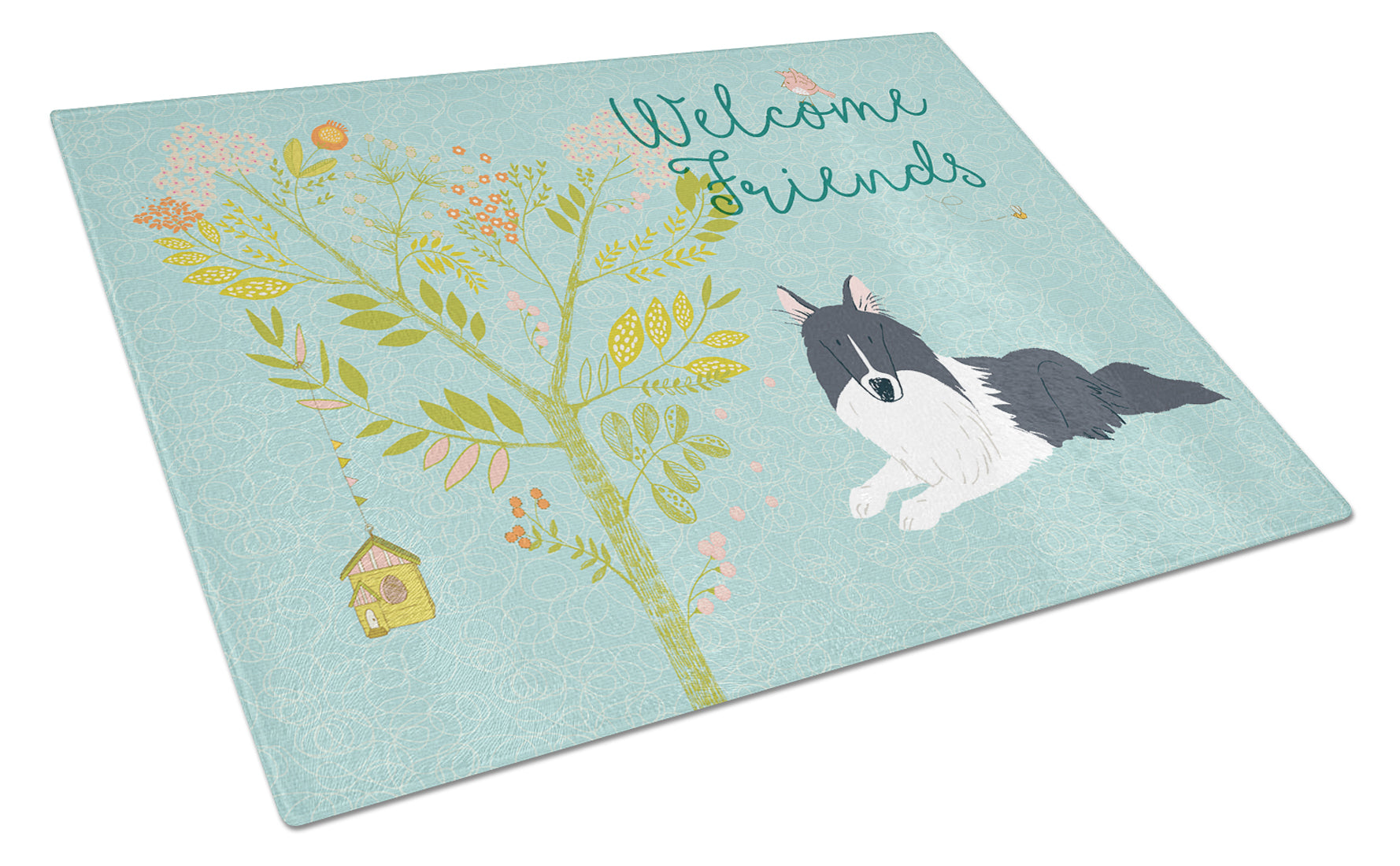 Welcome Friends Black White Collie Cutting Board Tempered Glass Kitchen Cutting Surface, Heat Resistant Chopping, Non-Slip Feet, Food Prep & Serving