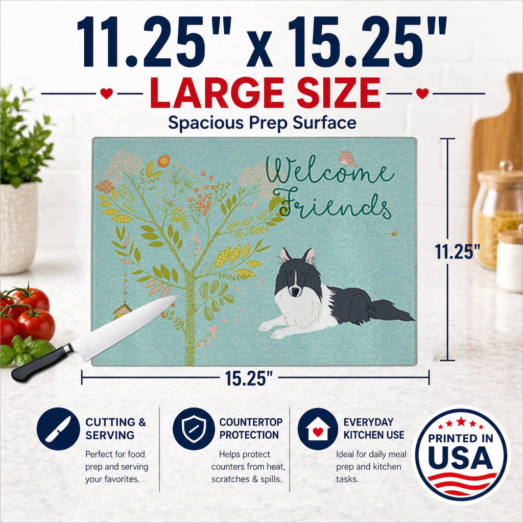 Welcome Friends Black White Collie Cutting Board Tempered Glass Kitchen Cutting Surface, Heat Resistant Chopping, Non-Slip Feet, Food Prep & Serving