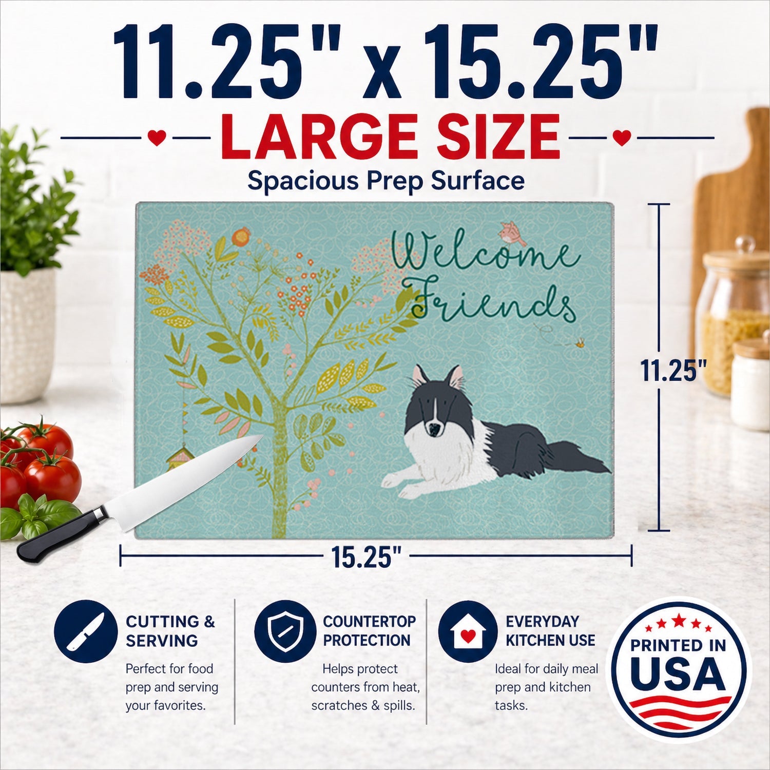 Welcome Friends Black White Collie Cutting Board Tempered Glass Kitchen Cutting Surface, Heat Resistant Chopping, Non-Slip Feet, Food Prep & Serving