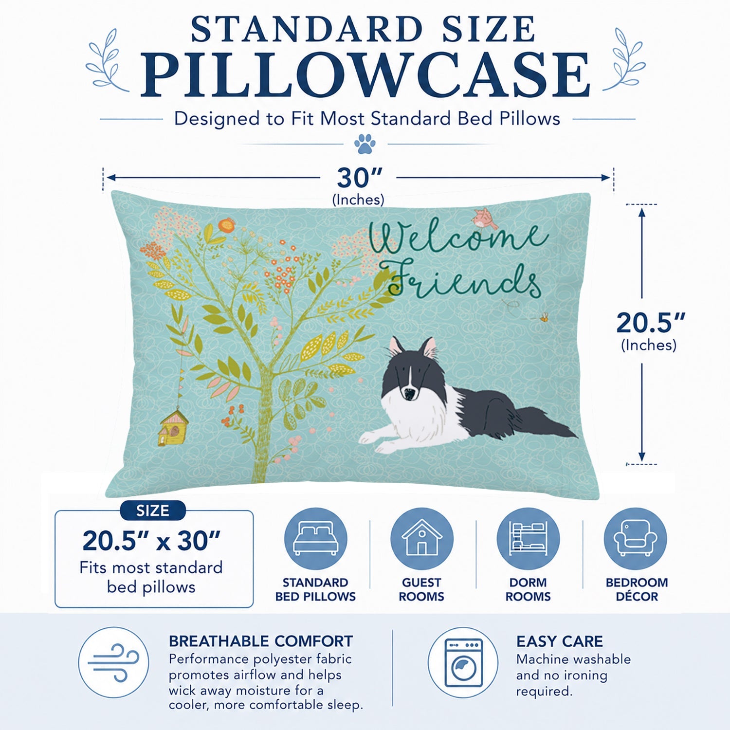 Welcome Friends Black White Collie Standard Pillowcase Lightweight Super Soft Easy Care Decorative Artwork Pillowcase, Standard