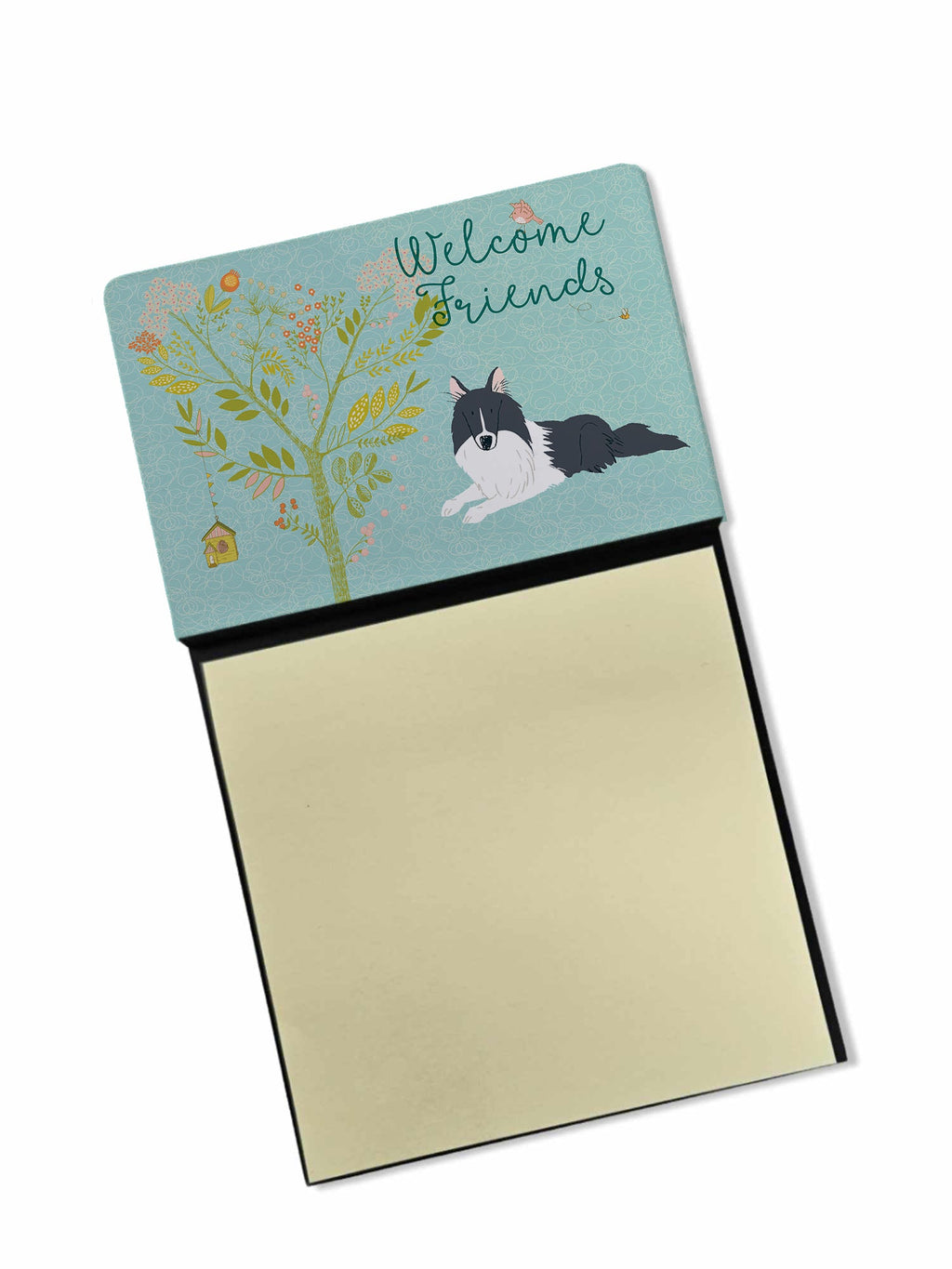 Welcome Friends Black White Collie Watercolor Sticky Note Holder Refillable Dispenser Desk Accessory 3x3 Pad Gift