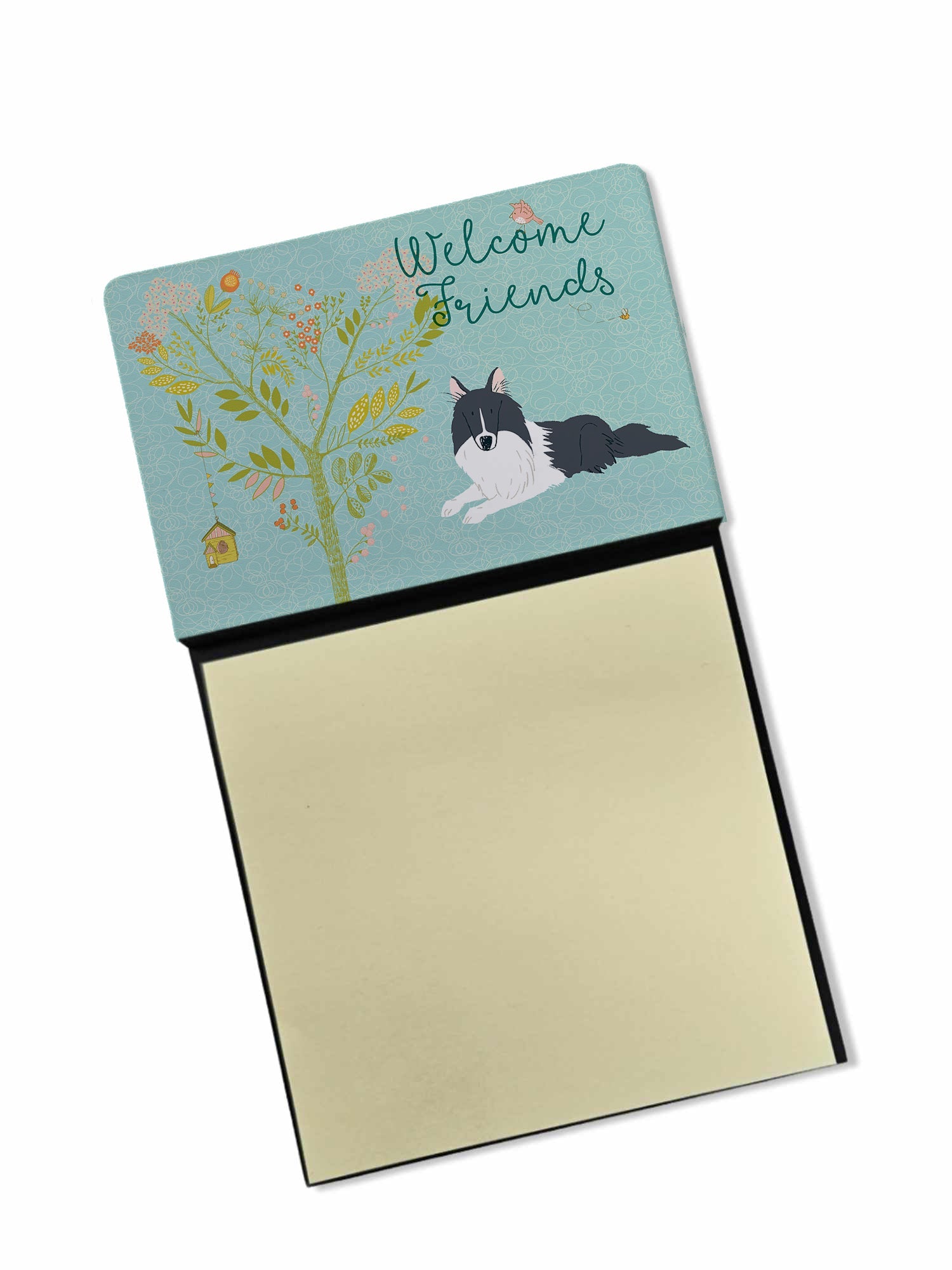 Welcome Friends Black White Collie Watercolor Sticky Note Holder Refillable Dispenser Desk Accessory 3x3 Pad Gift
