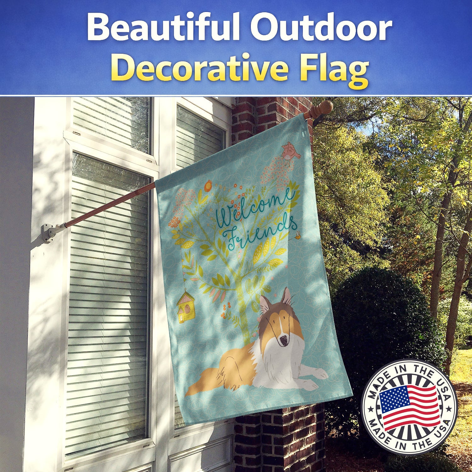 Welcome Friends Collie House Flag 28x40 Porch Sleeve Pole Decorative Outside Yard Banner Artwork Wall Hanging, Polyester