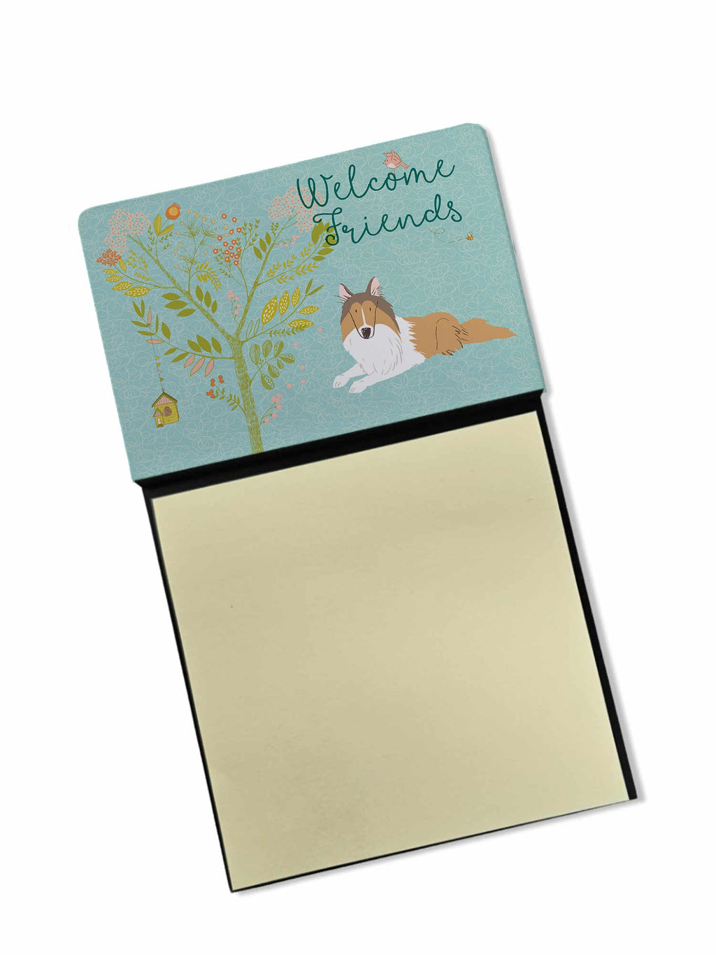 Welcome Friends Collie Watercolor Sticky Note Holder Refillable Dispenser Desk Accessory 3x3 Pad Gift