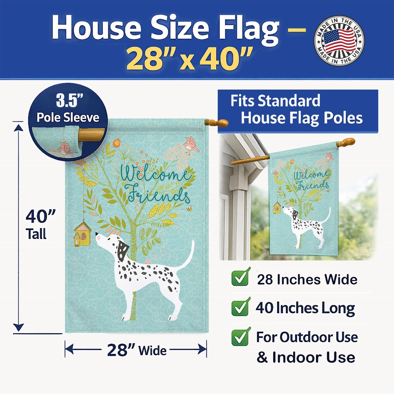 Welcome Friends Dalmatian House Flag 28x40 Porch Sleeve Pole Decorative Outside Yard Banner Artwork Wall Hanging, Polyester