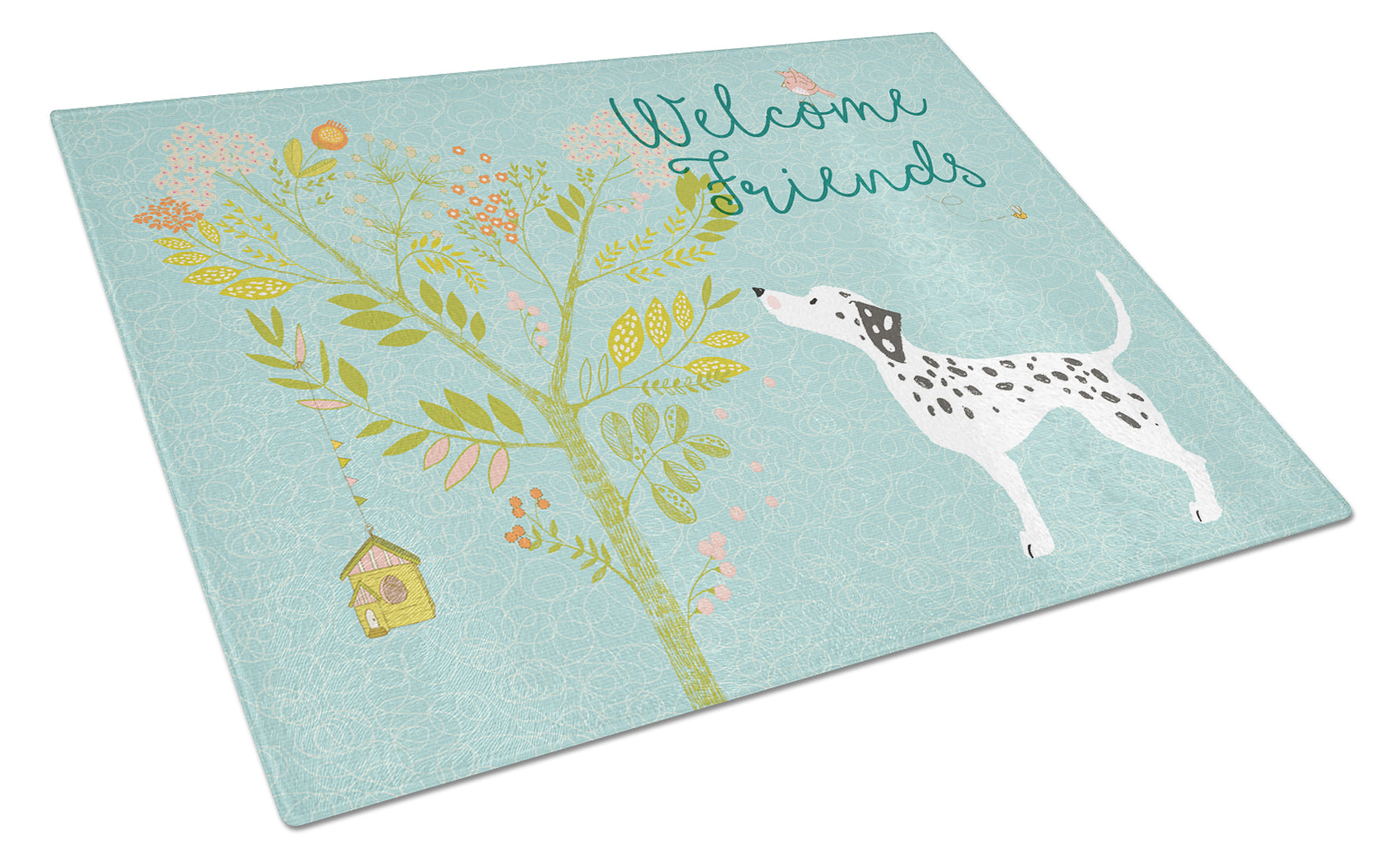 Welcome Friends Dalmatian Cutting Board Tempered Glass Kitchen Cutting Surface, Heat Resistant Chopping, Non-Slip Feet, Food Prep & Serving