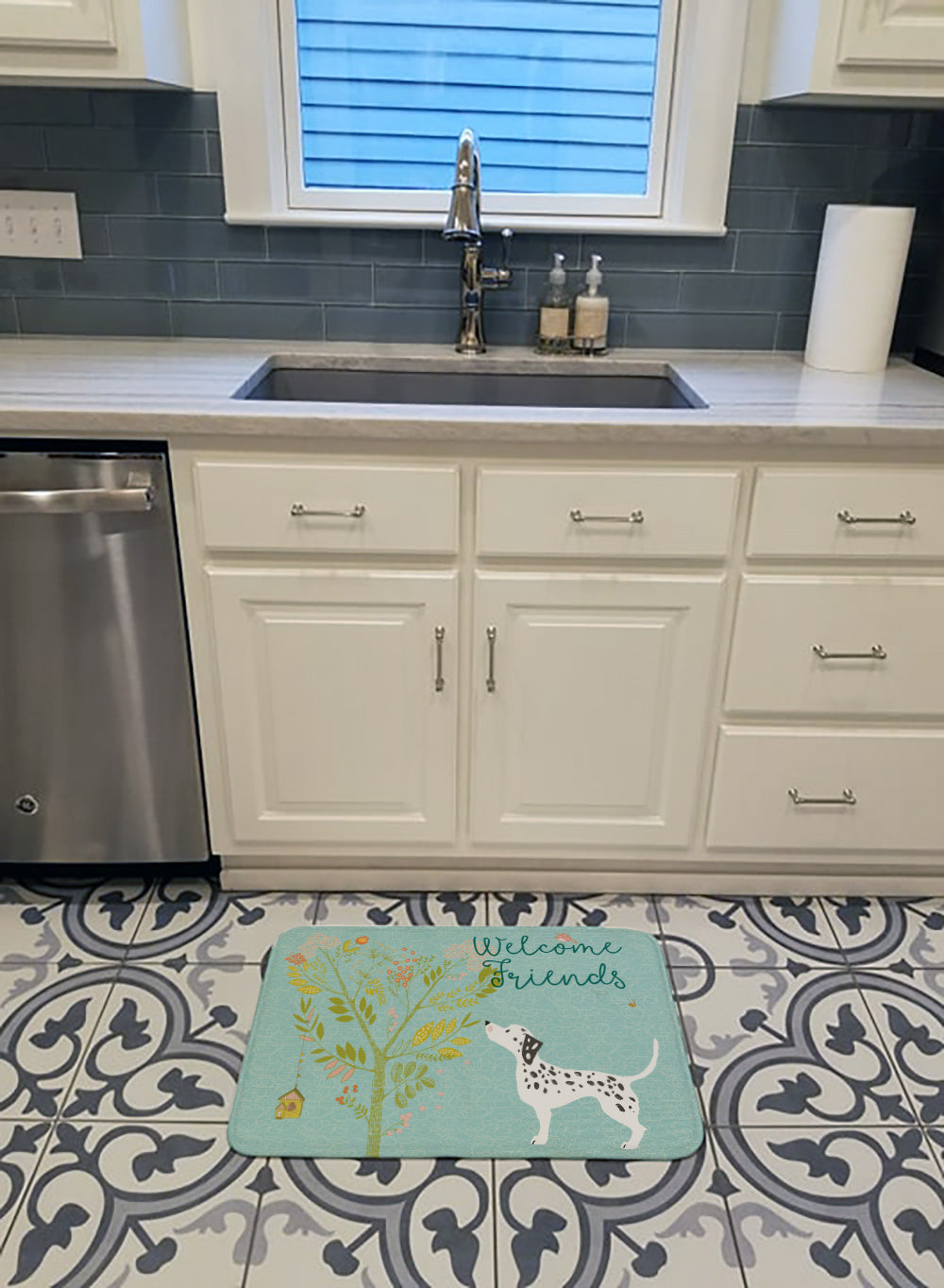 Welcome Friends Dalmatian Memory Foam Kitchen Mat Machine Washable Anti-Fatigue Cushion Comfort Bath or Kitchen Rug