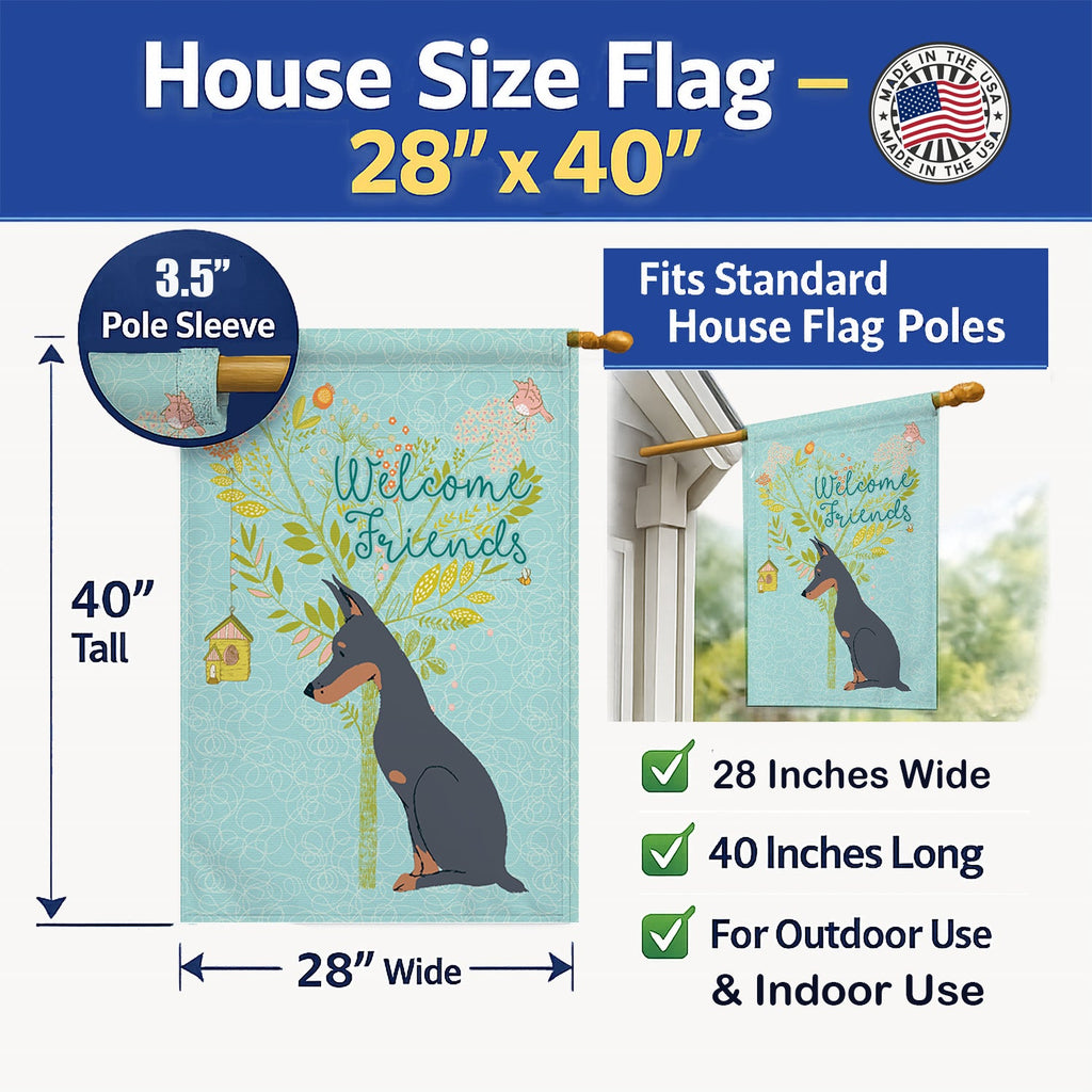 Welcome Friends Doberman Pinscher House Flag 28x40 Porch Sleeve Pole Decorative Outside Yard Banner Artwork Wall Hanging, Polyester