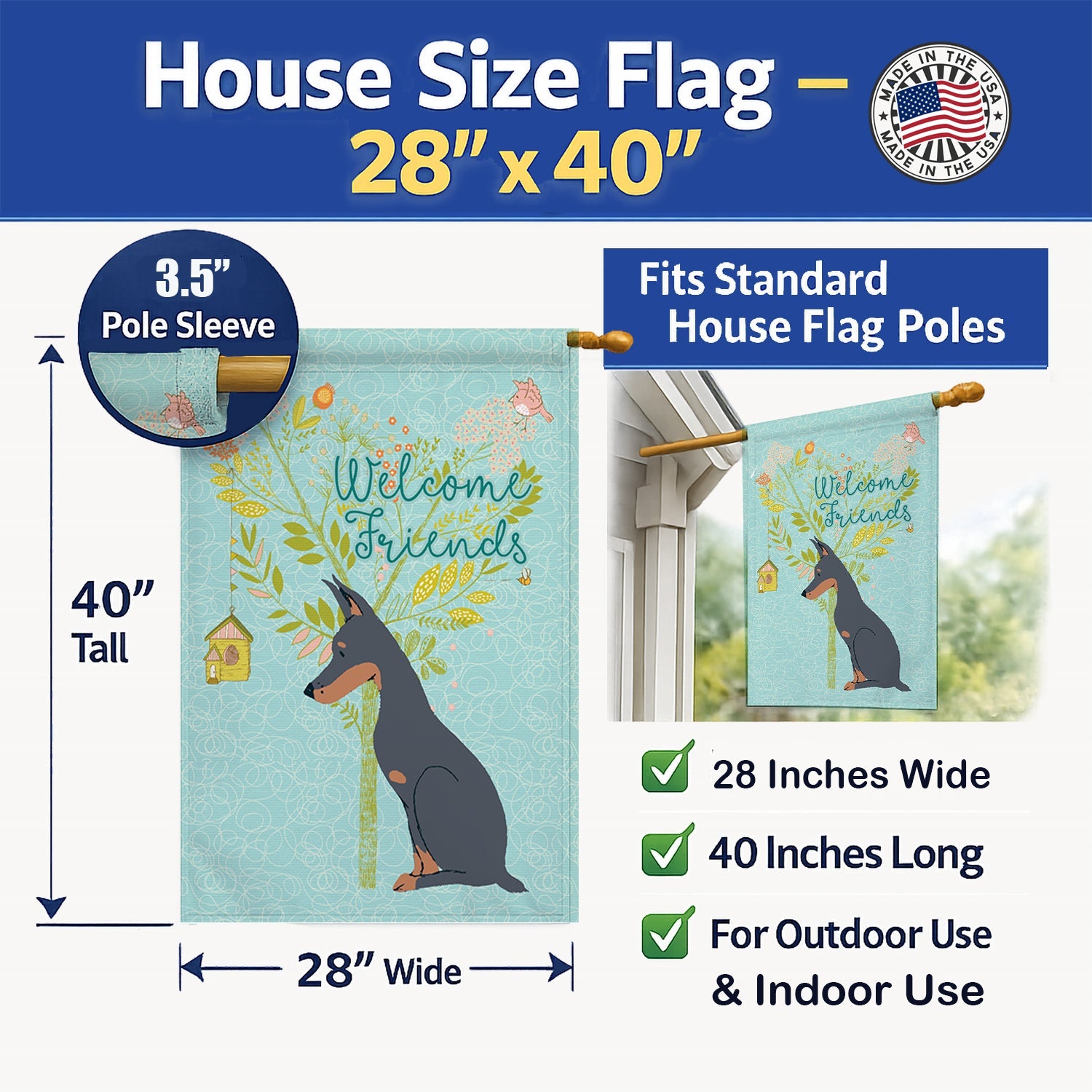 Welcome Friends Doberman Pinscher House Flag 28x40 Porch Sleeve Pole Decorative Outside Yard Banner Artwork Wall Hanging, Polyester