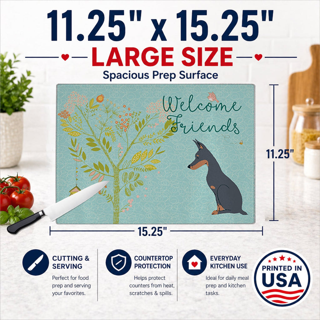 Welcome Friends Doberman Pinscher Cutting Board Tempered Glass Kitchen Cutting Surface, Heat Resistant Chopping, Non-Slip Feet, Food Prep & Serving
