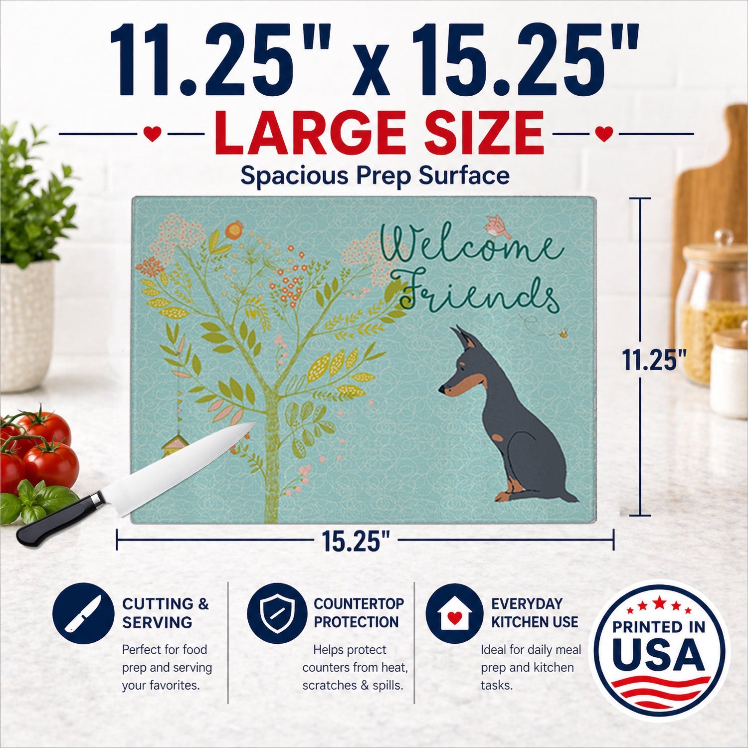 Welcome Friends Doberman Pinscher Cutting Board Tempered Glass Kitchen Cutting Surface, Heat Resistant Chopping, Non-Slip Feet, Food Prep & Serving