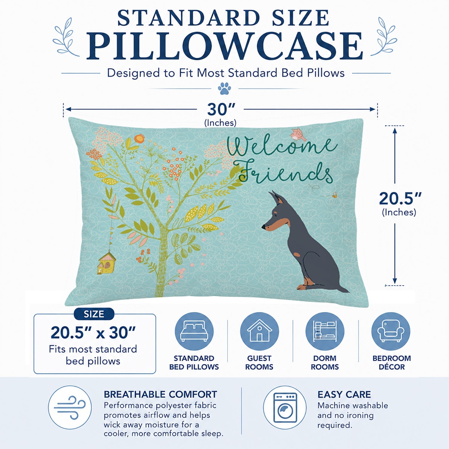 Welcome Friends Doberman Pinscher Standard Pillowcase Lightweight Super Soft Easy Care Decorative Artwork Pillowcase, Standard